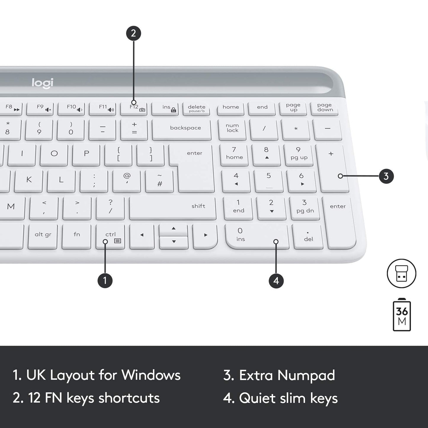 Logitech MK470 Slim Wireless Keyboard & Mouse Combo for Windows, 2.4GHz USB Unifying USB-Receiver, Low Profile, Whisper-Quiet, Long Battery Life, Optical Mouse, PC/Laptop, QWERTY UK Layout - White