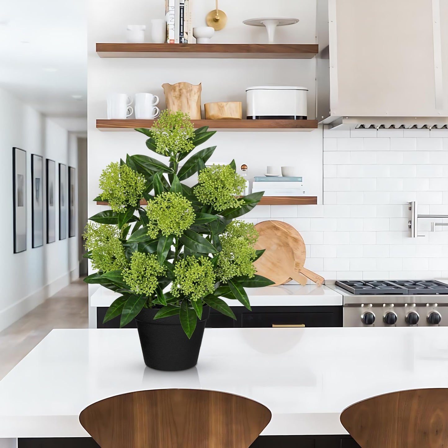 Briful Artificial Skimmia Japonica Plant in Pot, 20.8" Tall Faux Green Berry Flowers with Black Pot, Realistic Potted Floral Arrangement for Home Office Table Shelf Decor