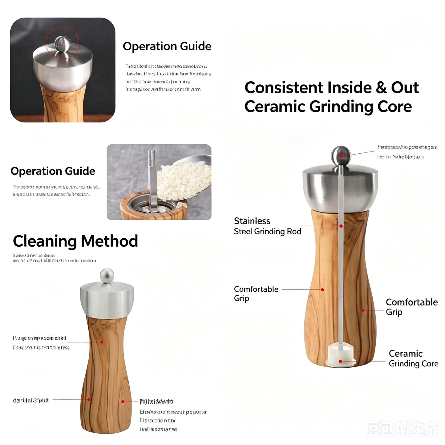 Tephra & Form 6" Olive Wood Pepper Grinder Mill, Adjustable Ceramic Core, Refillable Salt Pepper Shaker Kitchen Gift