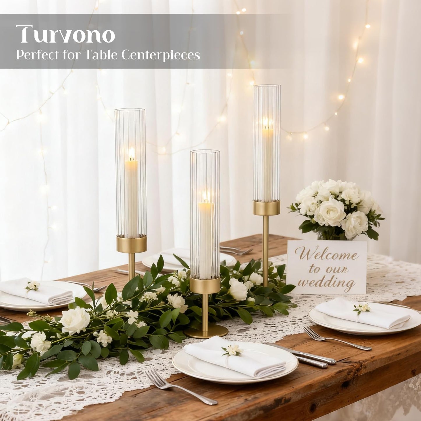 Turvono Gold Hurricane Candle Holders Set of 3, Brass Taper Candle Holders for Candlesticks, Elegant Tall Candle Sticks Holder Decor for Table Centerpiece, Wedding & Christmas Decorations