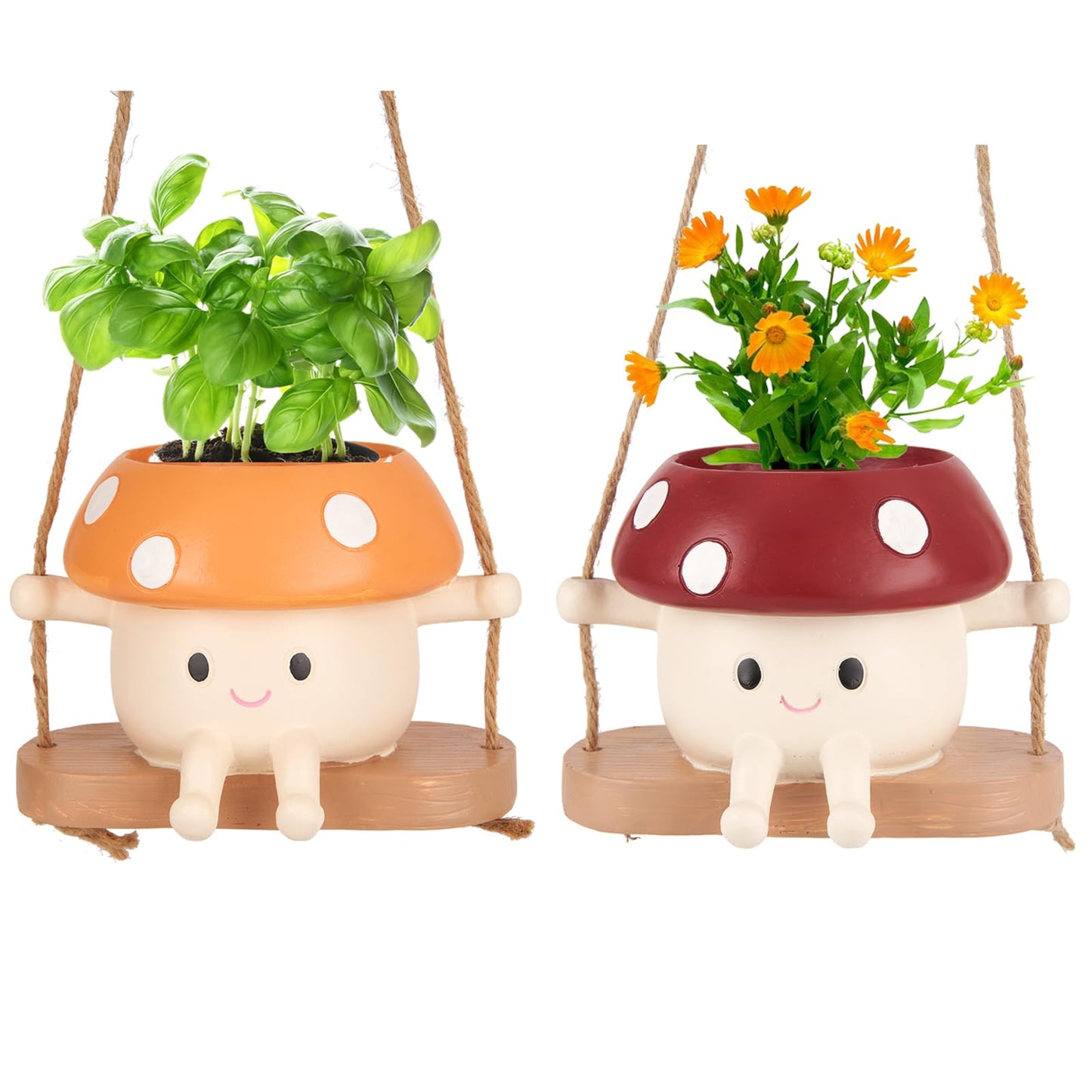 2pcs Mushroom Smily Swing Face Planter Pot, Cute Hanging Resin Flower Head Planter for Indoor Outdoor Plants,Gift IdeaI for Mother,Father and Appreciation Christmas with Drainage Hole (Red&Yellow)