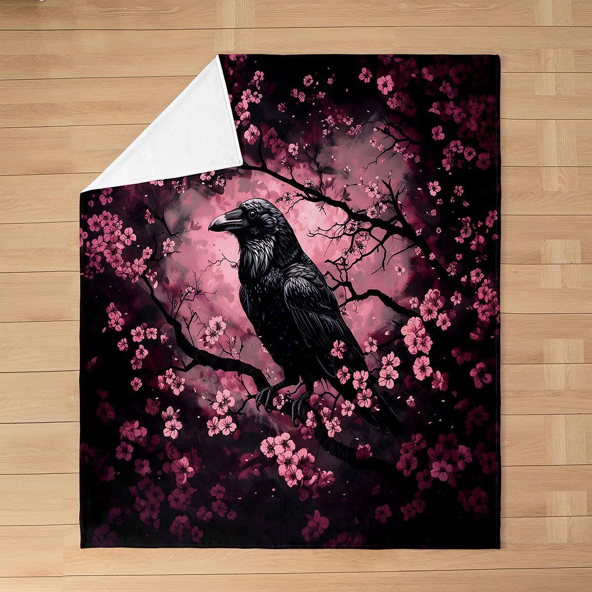 Feelyou Crow Plush Throw Blanket Halloween Themed Flannel Blanket Throw 50"x60" Cherry Blossoms All Season Trick or Treat for Couch Bed Sofa Goth Bedroom Decor