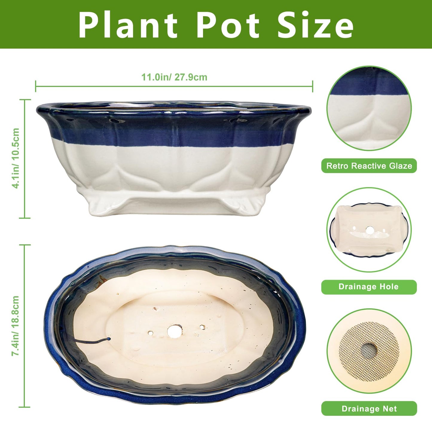 Teagas 11 Inch Succulent Planters - Ceramic Bonsai Pots with Drainage Hole, Bonsai Planter for Indoor Outdoor Plants, Large Shallow Planter, Patio Garden Decor, Gifts for Plant Lover, Oval Beige-Blue
