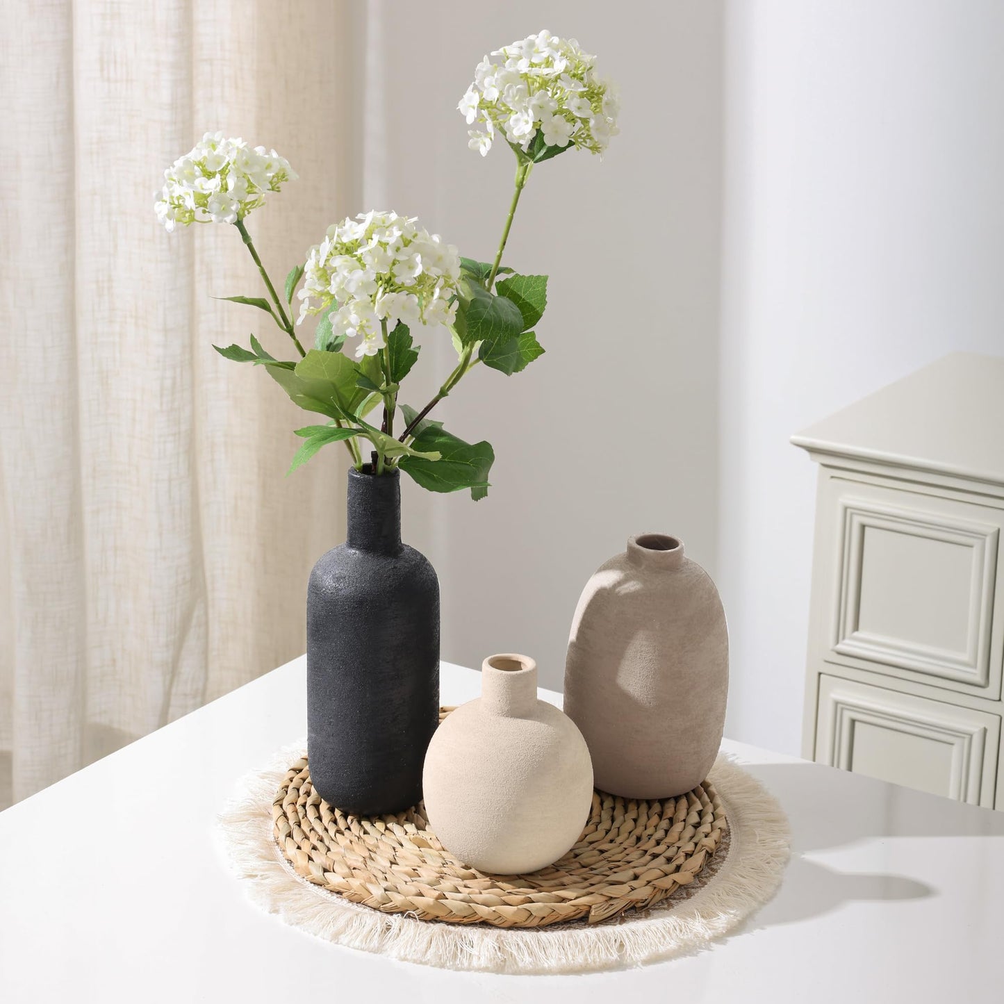Ceramic Vase Set, Rustic Distressed Large Flower Vases in Pottery Decor, Modern Boho Farmhouse Decor for Pampa Grass, Dried & Fresh Flowers, Decorative Vase for Living Room, Kitchen, Entryway, Black