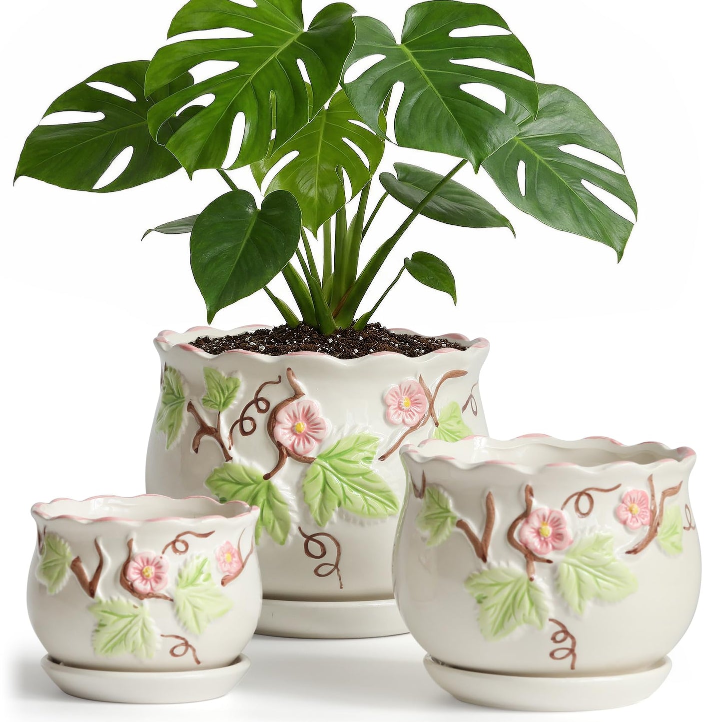 STHIE Ceramic Plant Pots with Drainage Holes and Saucers, Round Flower Pots for Indoor Plant, 4/5.2/6.6 Inches Vintage Flower Planters Set of 3