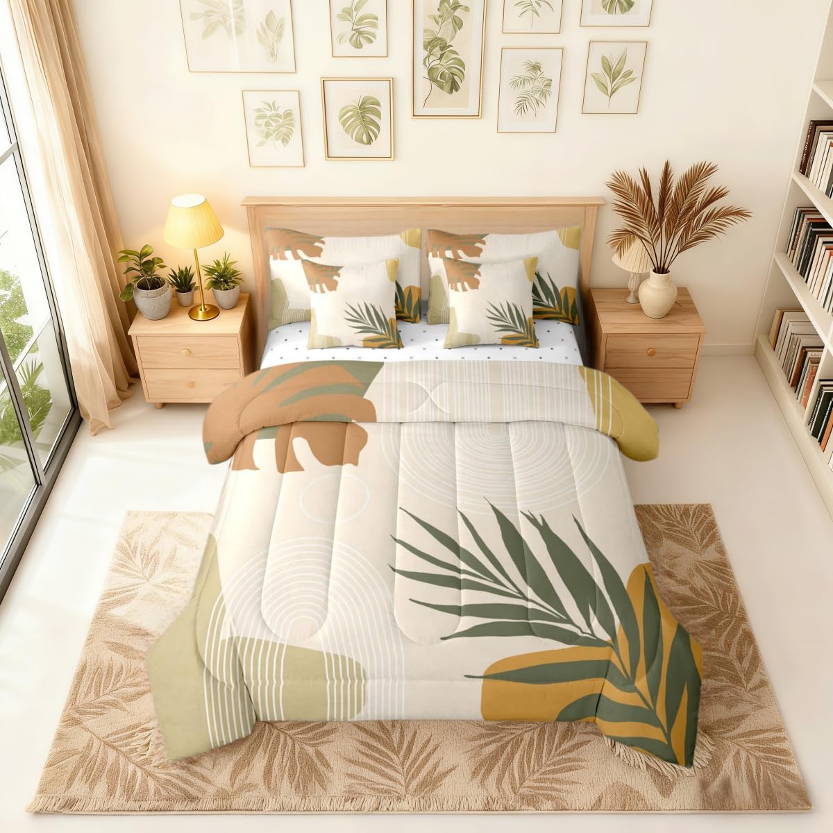 Erosebridal Beige Green Boho King Size 7 Pcs Bedding Set, Mid Century Abstract Simple Comforter Set with Sheets, Modern Minimalist Arch Geometric Bed Sets, Tropical Palm Leaf Aesthetic Bed in A Bag