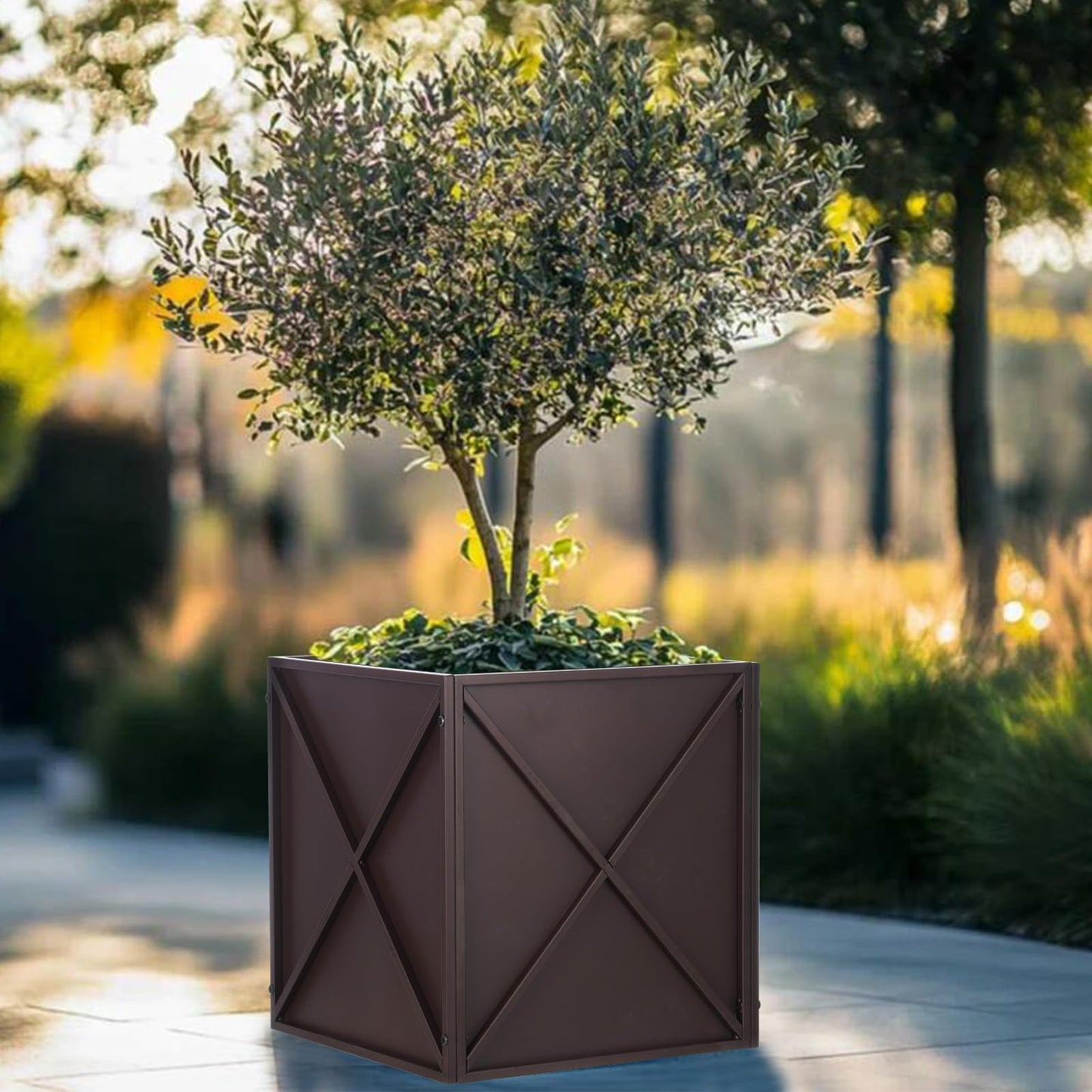 BAYN Metal Square Planter Box Tall Planters for Outdoor Plants Modern Heavy Duty with Drainage Holes for Outside Indoor Patio Deck - Brown, 17”x 17”x 18”