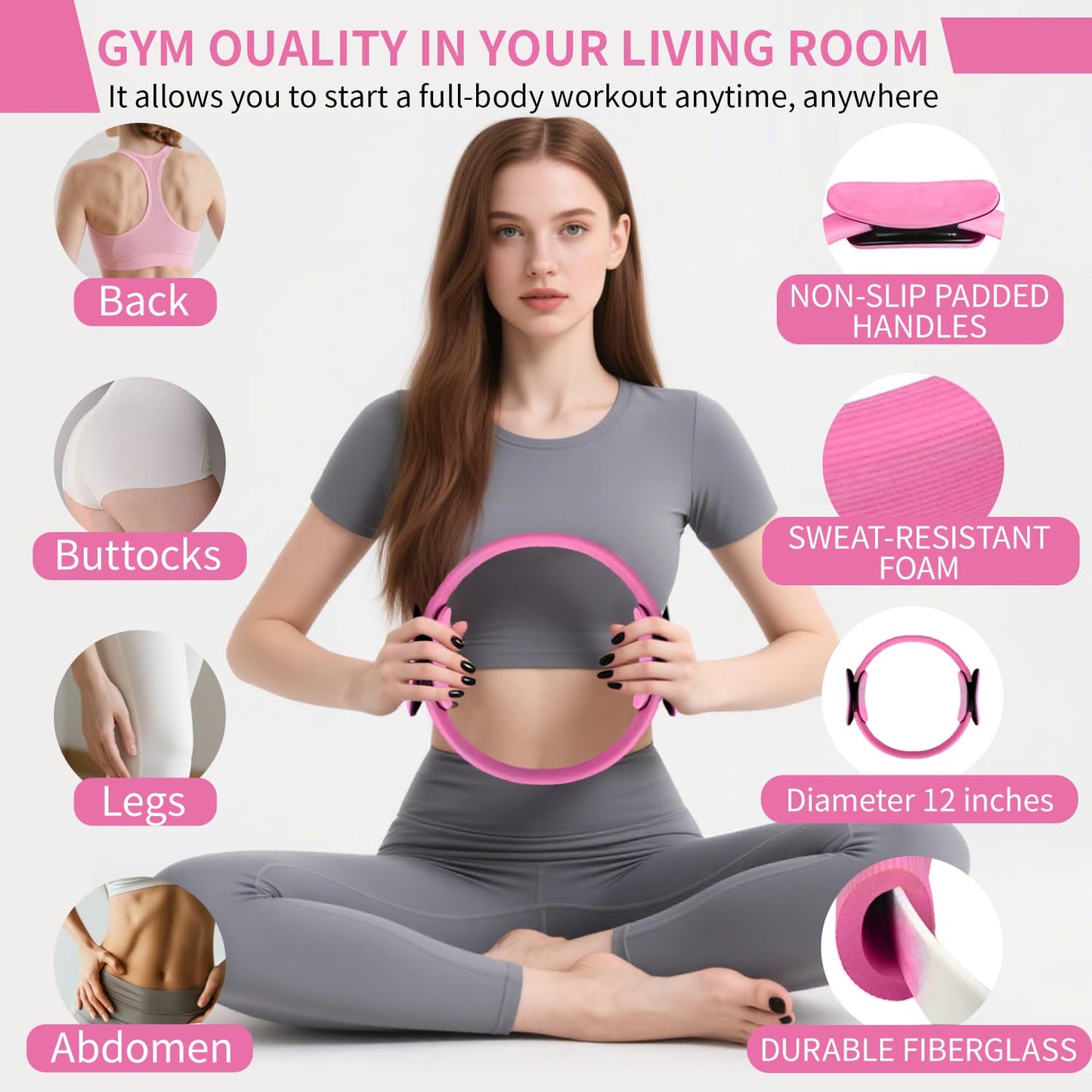 Pilates Kit for Home Workouts for Women-12-Piece Equipment Set with Ring,Yoga Ball,5 Resistance Bands,Figure-8 Band,Arm Stretcher,Grippy Socks,Storage Bag for Toning,Strength & Flexibility (Pink)