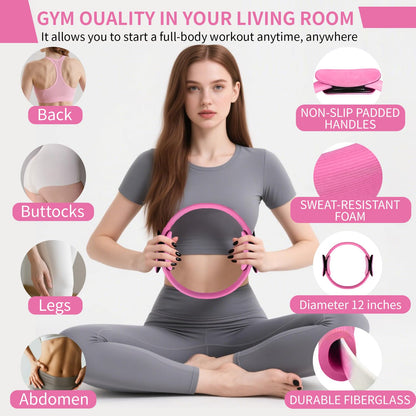 Pilates Kit for Home Workouts for Women-12-Piece Equipment Set with Ring,Yoga Ball,5 Resistance Bands,Figure-8 Band,Arm Stretcher,Grippy Socks,Storage Bag for Toning,Strength & Flexibility (Pink)