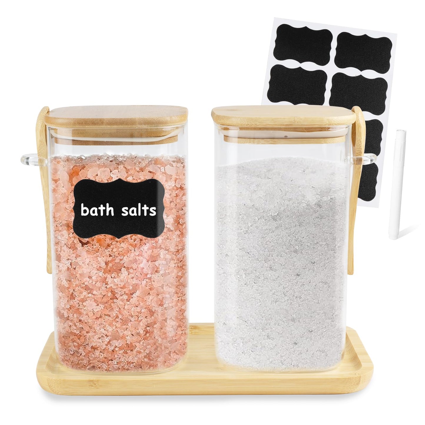 Glass Bath Salt Jars,40oz Bath Salt Container with Scoop and Airtight Lid,Clear Bathroom Salts Cellar Set for Jars with Tray,Labels and white Markers,Bathroom Decor Bathtub Accessories for Women