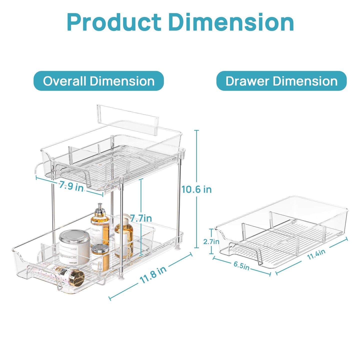 Vtopmart 4 Pack Bathroom Organizer, 2 Tier Clear Under Sink Organizers Vanity Countertop Storage Container,Cabinet Drawers Bins, Pull-Out Organization with Track for Pantry, Kitchen
