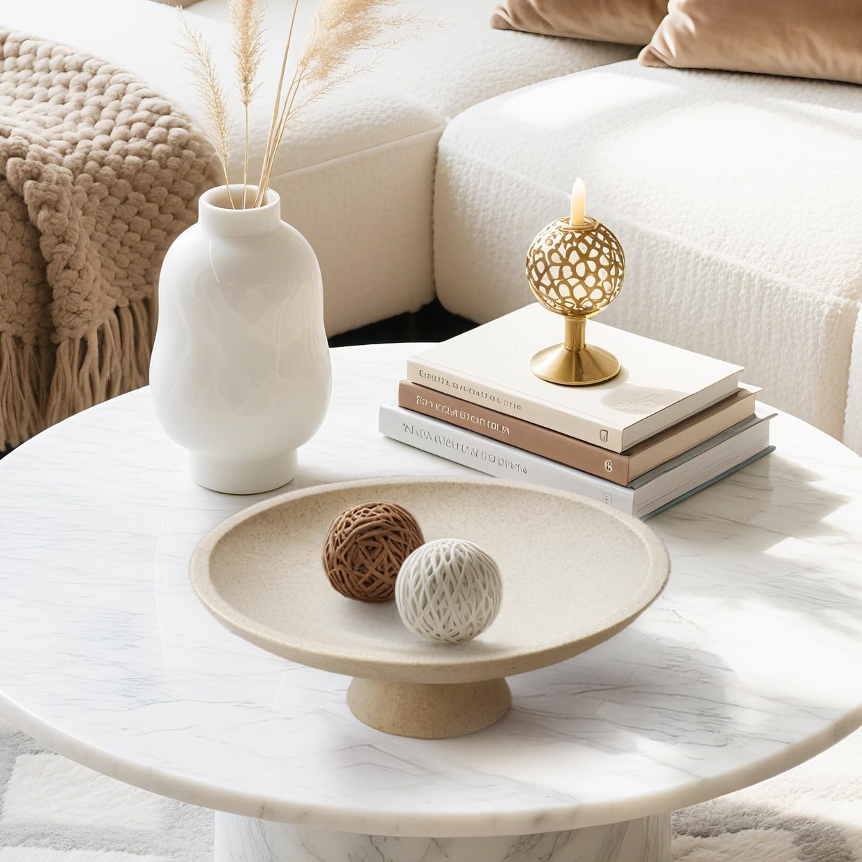 Plukers Large Modern Decorative Bowl for Home Decor Fruit Organic Catch All Key Kitchen Entryway Shelf Coffee Table With Pedestal,Artificial Stone Beige