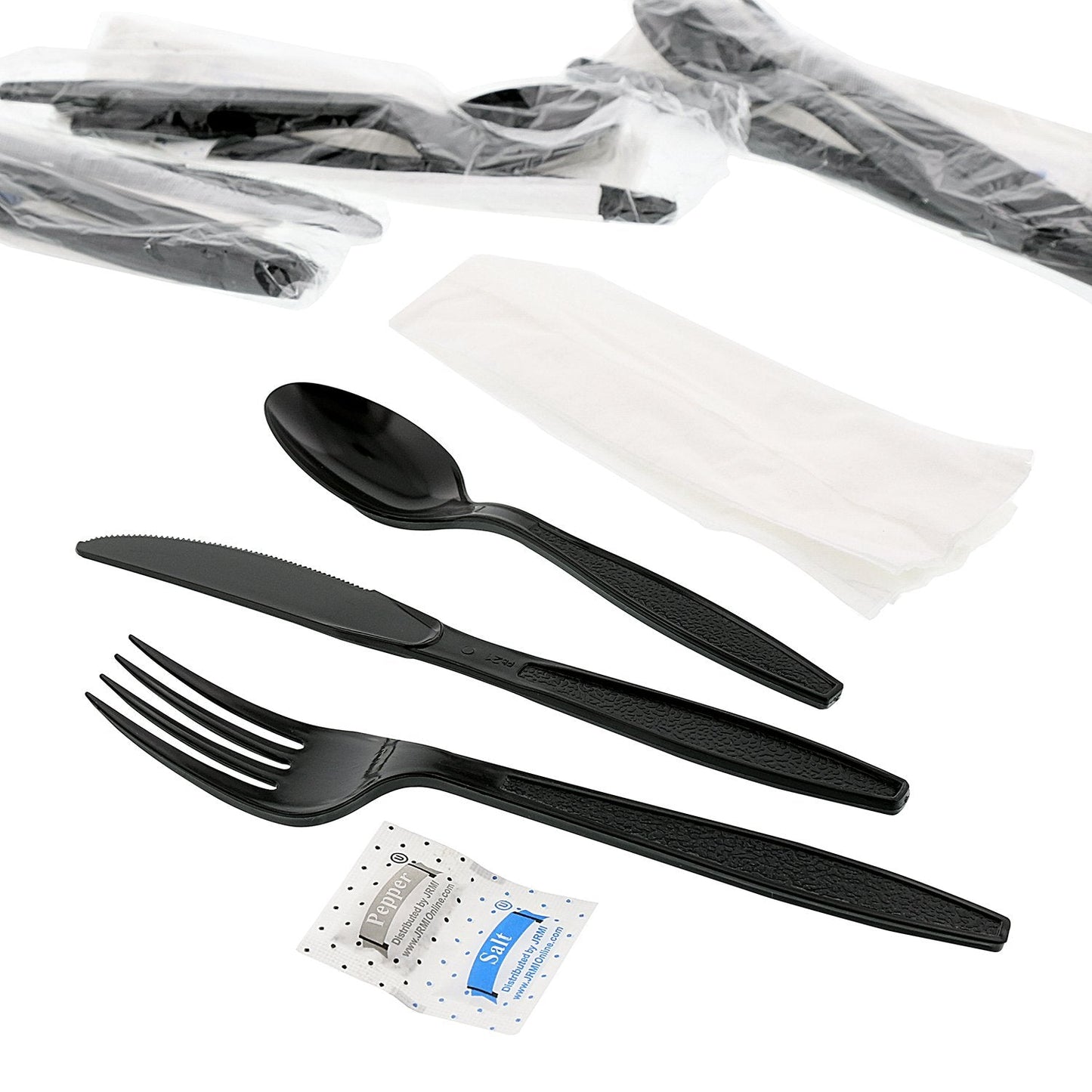 AmerCareRoyal 6-in-1 Disposable Silverware Heavy Weight Plastic Utensil Set with Teaspoon, Fork, Knife, Salt & Pepper Packets, 13x17 Napkin - Individually Wrapped Cutlery Meal Kit, Black, Case of 250