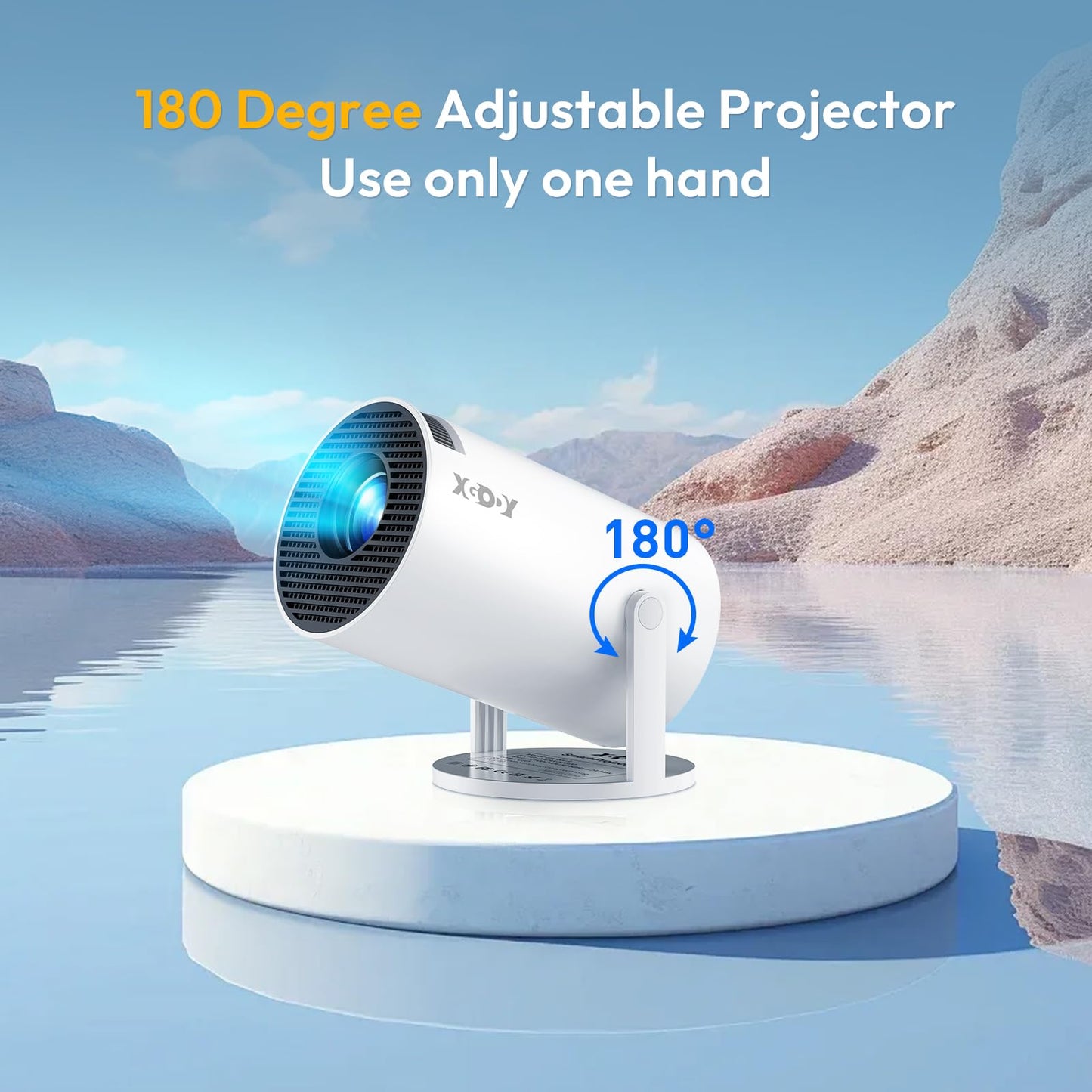 Smart Mini Projector WiFi6 Bluetooth 5.0 XGODY Gimbal 3 Protable Projector 12000L Support 4K with Android TV 11.0, Auto Keystone Correction Video Projector, 180°Rotatable Stand for Home Movie（White）