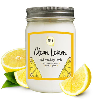 Aira Soy Candle – Clean Lemon – 12 oz Mason Jar – Hand-Poured USA – Long-Lasting Vegan Soy Wax Candle – Fresh Citrus Aromatherapy – Paraffin-Free, Kosher, Cruelty-Free
