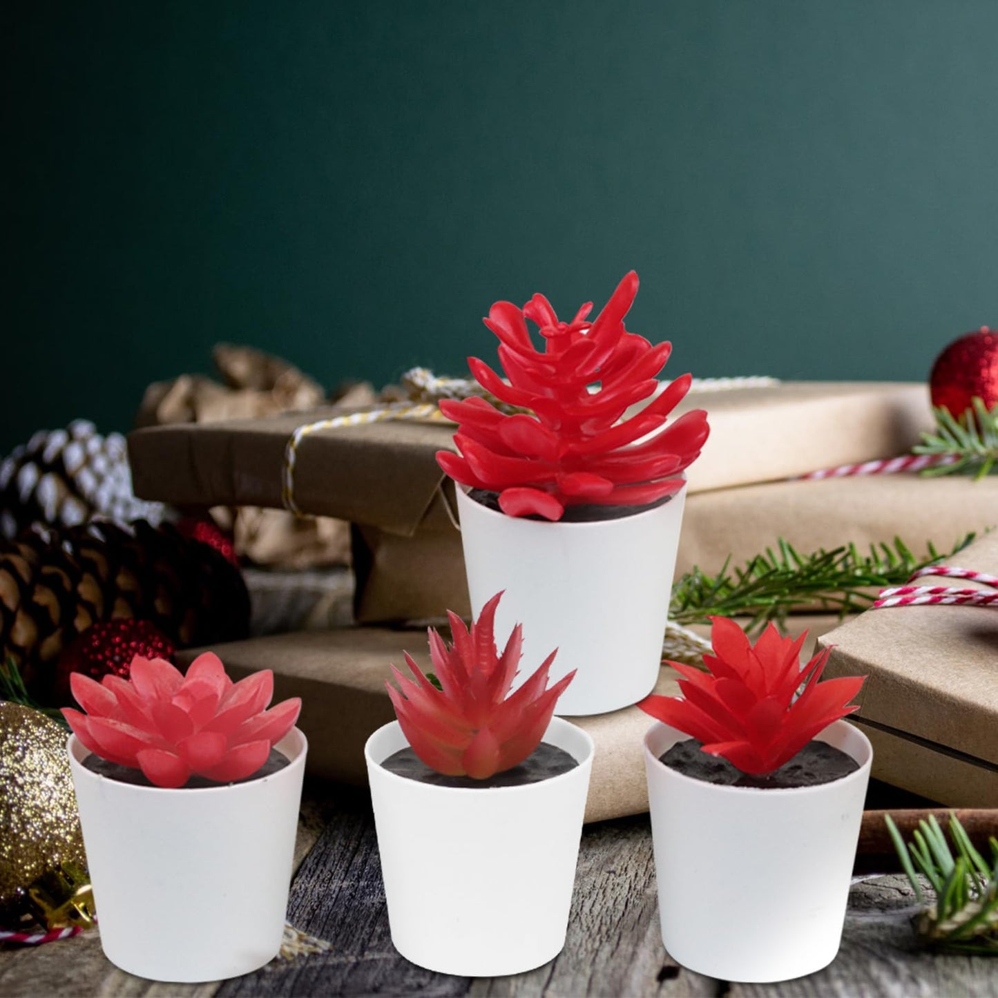 Uguisu Artificial Potted Plant, Simulated Gem Flower, Lotus Flower, Spring Artificial Succulent Plant, Small Artificial Plant, Spring Artificial Fake Plant, Office Home Wall Decoration (4/Red)
