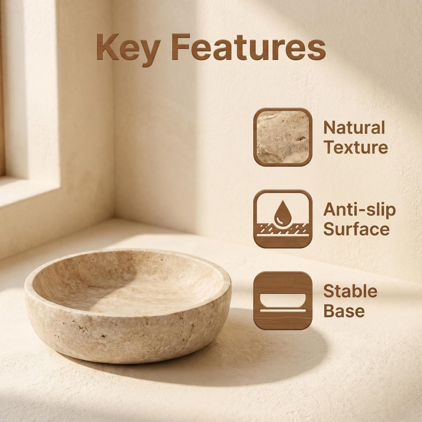 Natural Travertine Decorative Bowl 7.8", Travertine Bowl & Natural Stone Centerpiece for Coffee Table Decor, Ring Tray, For Entryway, Kitchen Fruit Bowl, Potpourri, Dining Table Centerpiece.