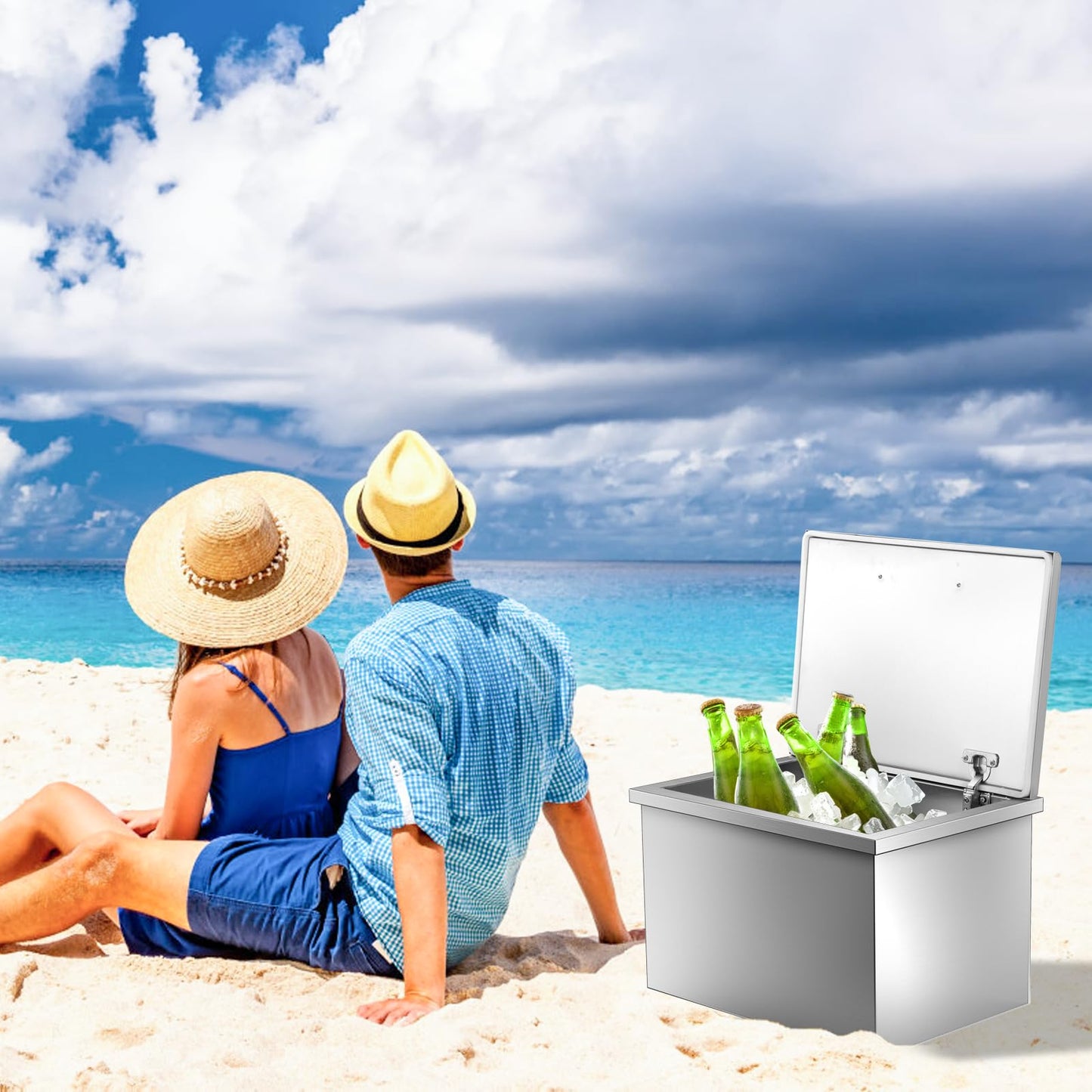 GarveeLife Drop in Ice Chest, 20" L x 14" W x 13" H Stainless Steel Ice Cooler, Commercial Ice Bin with Hinged Cover, Outdoor Kitchen Ice Bar, Drain-Pipe and Drain Plug Included, for Cold Wine Beer
