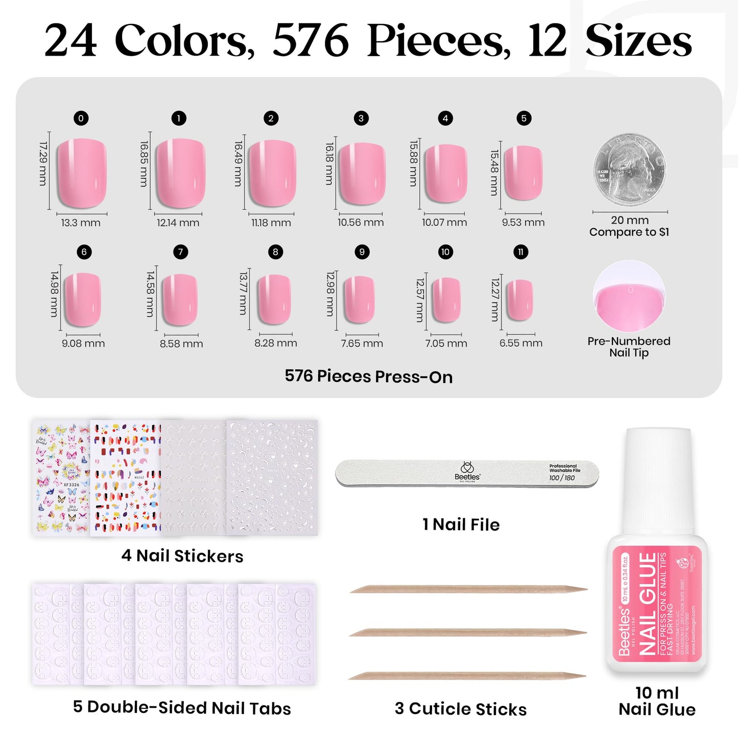 Beetles Press on Nails Kit 720Pcs 24 Colors, Press on Nails Short Almond Glossy Matte Glitter With Nail Glue & Nail Tabs Stickers, Natural Fit Lightweight Fake Nails Kit Art For Women Girls