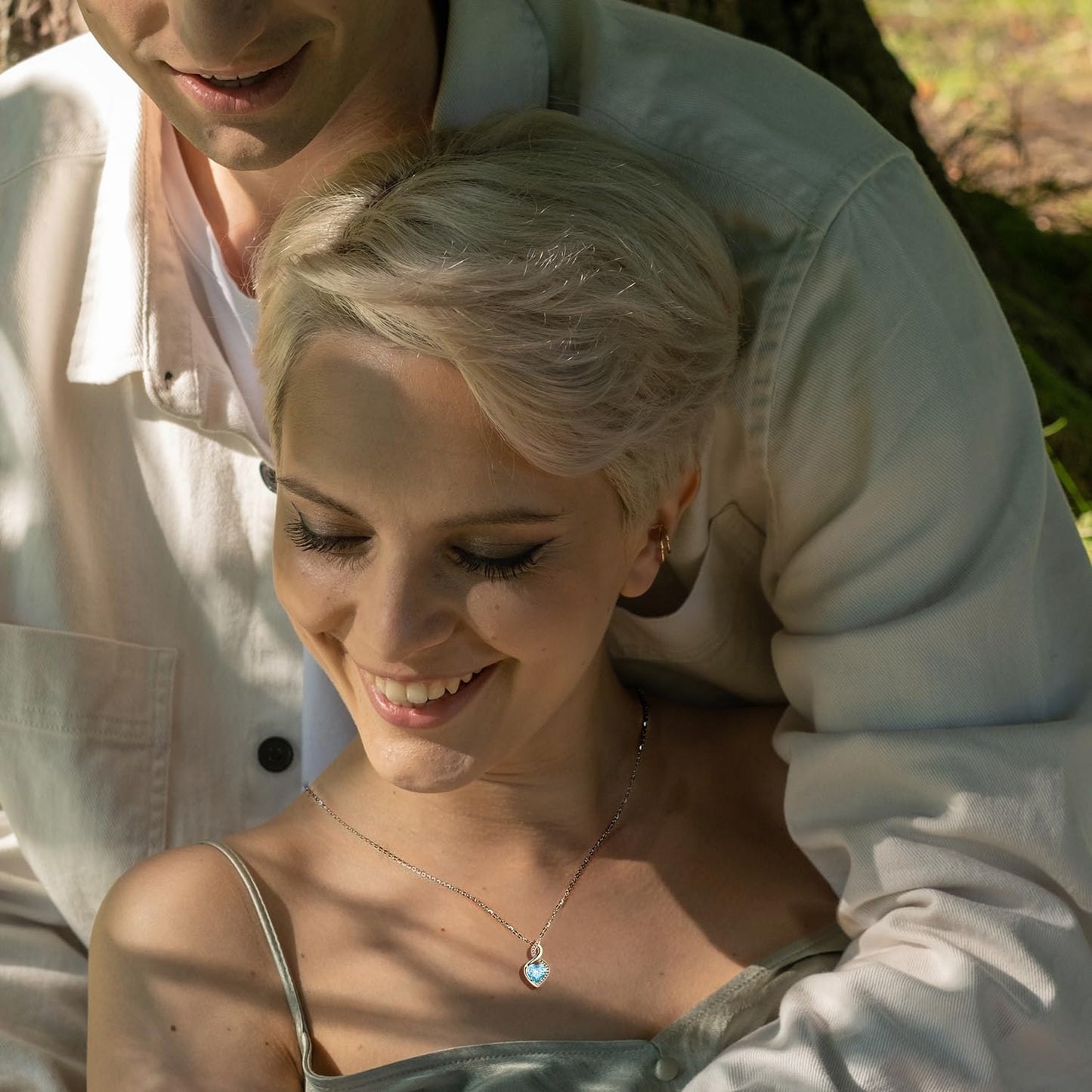 FANCIME Aquamarine Necklace 14K Solid White Gold Heart Pendant with Diamond March Birthstone Necklace Jewelry Gifts for Mom Women