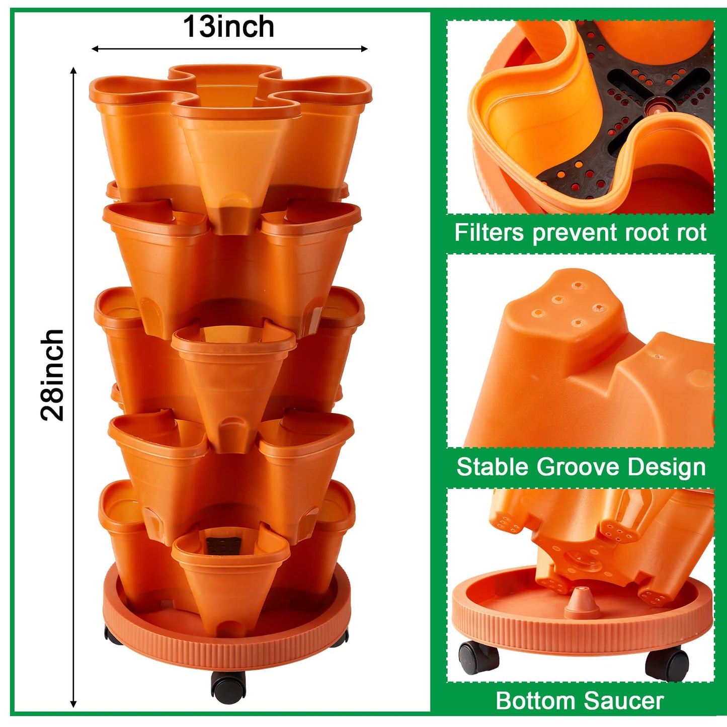 Umigy 2 Set 5 Tier Stackable Planters Vertical Garden Planters for Strawberry Herb Flower and Vegetable Indoor Outdoor Gardening Pots with Removable Wheels and Bottom(Terracotta)