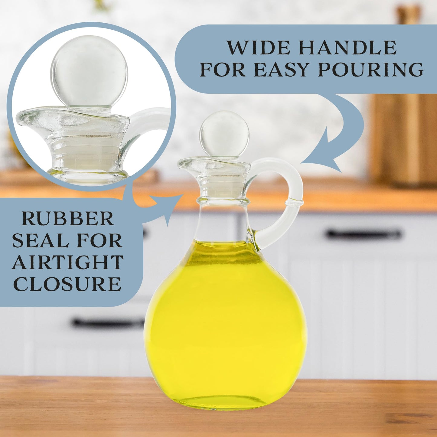 Cornucopia Brands Glass Oil and Vinegar Cruets (Set of 2); 8oz Round Oil Dispensers / Salad Dressing Bottles with Stoppers