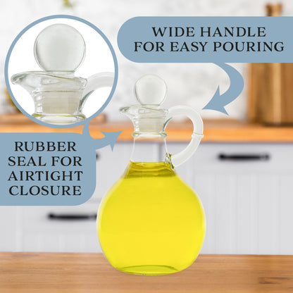 Cornucopia Brands Glass Oil and Vinegar Cruets (Set of 2); 8oz Round Oil Dispensers / Salad Dressing Bottles with Stoppers