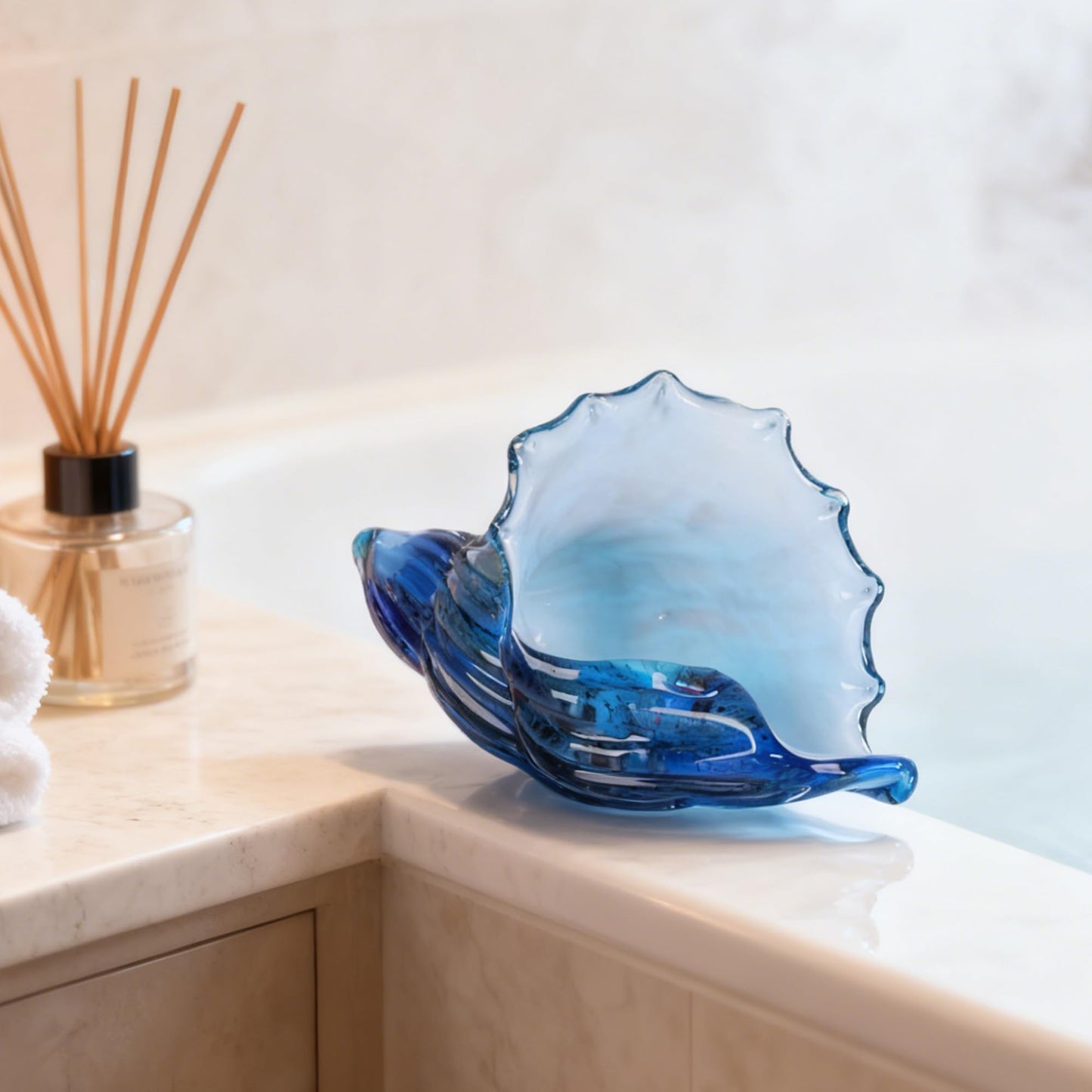 Sea Glass Art Figurines Hand Blown Sea Glass Conch Decor - Ocean Themed Coastal Room Decor, Sea Shell Sculpture Storage for Coastal Room Knick Knacks, Home Kitchen Decorations Above Cabinets (A)