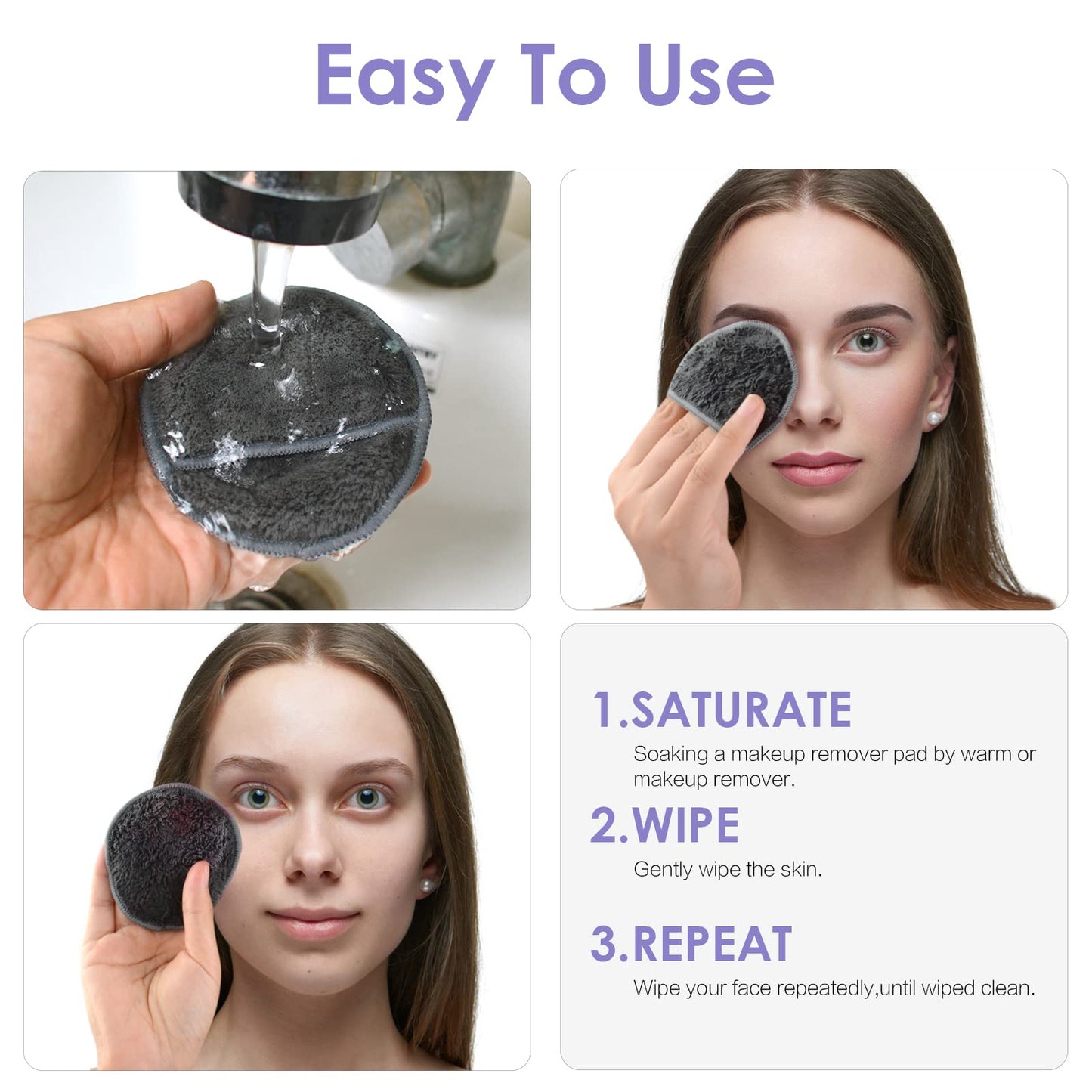 Sunland 16 Pack Reusable Makeup Remover Pads Microfiber Facial Cleansing Pads Washable Face Wipe Rounds with Laundry Bag Grey