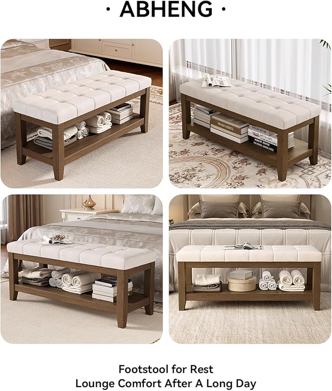 ABHENG Solid Rubber Wood Shoe Bench, Soft Chenille Material Upholstered Seat