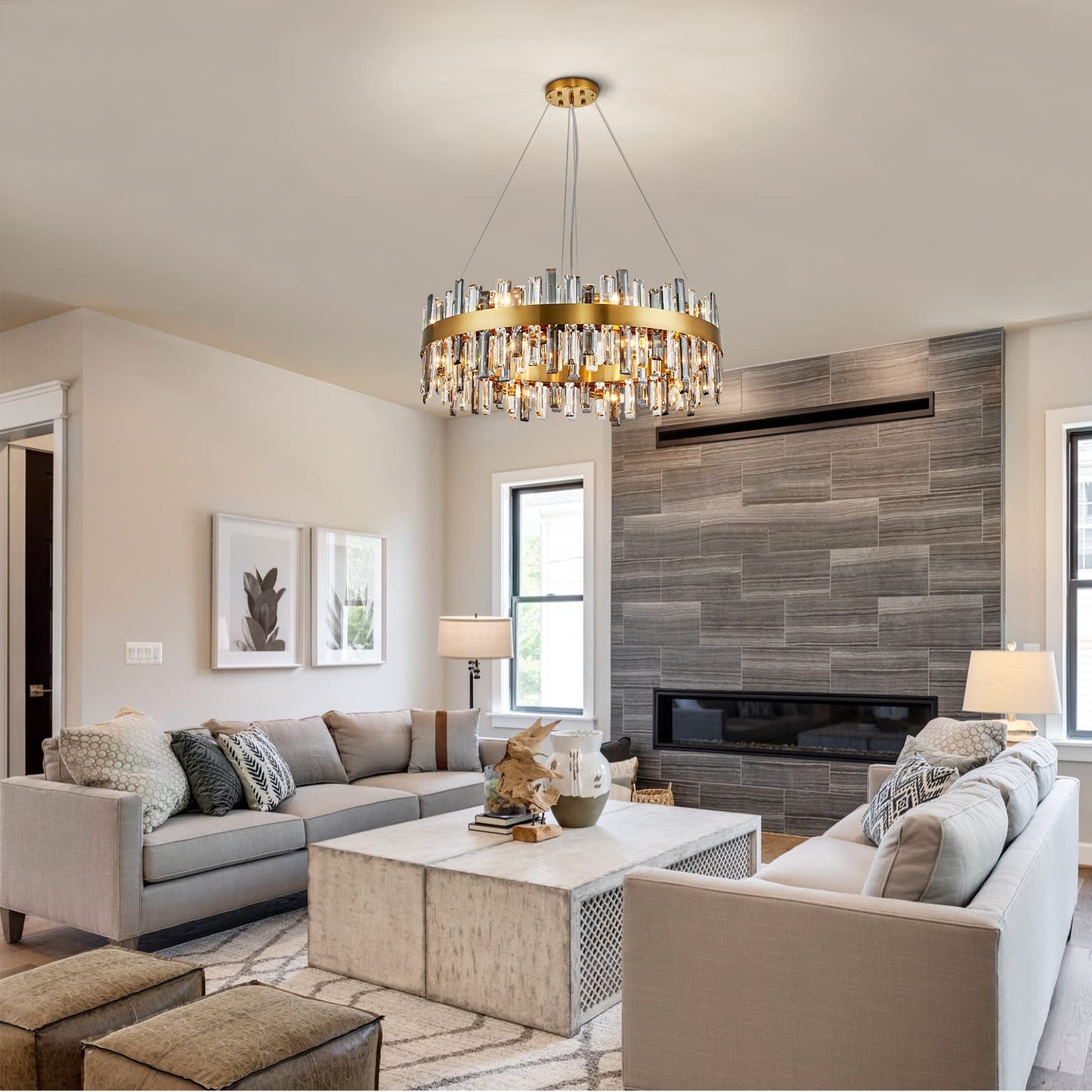 Siljoy Modern Crystal Chandelier, 16-Light Luxury Brass Gold 2-Tiers K9 Crystal Raindrop Chandelier Dimmable Crystal Pendant Ceiling Light for Dining Living Room Kitchen Island Entry Foyer D31.5''