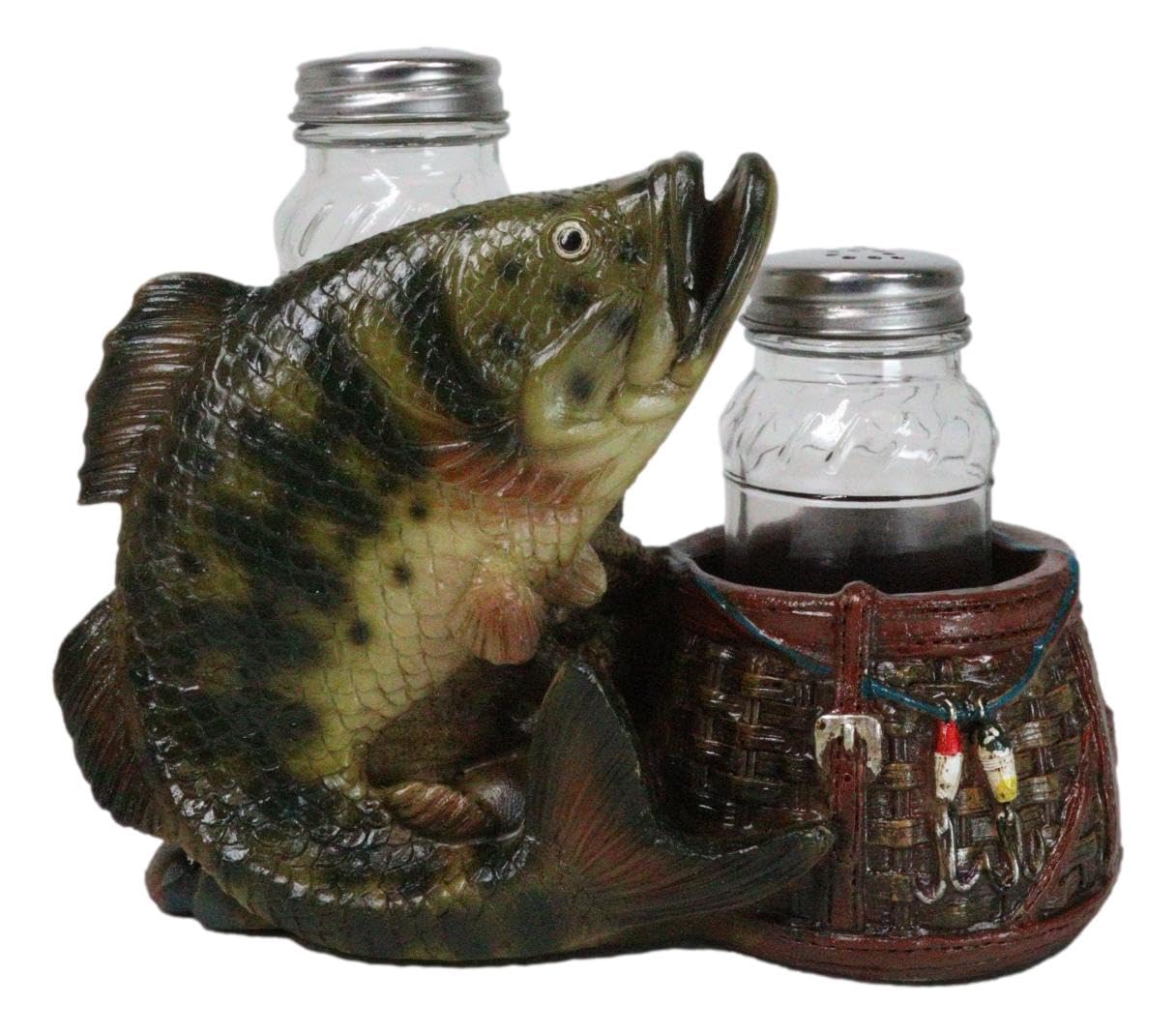 Ebros Gift Nautical Marine Fisherman Sea Bass Fishing With Tackle Box Wicker Saddle Bags Salt and Pepper Shakers Holder Figurine Set for Rustic Cabin Lodge Restaurant Bar Kitchen Decor
