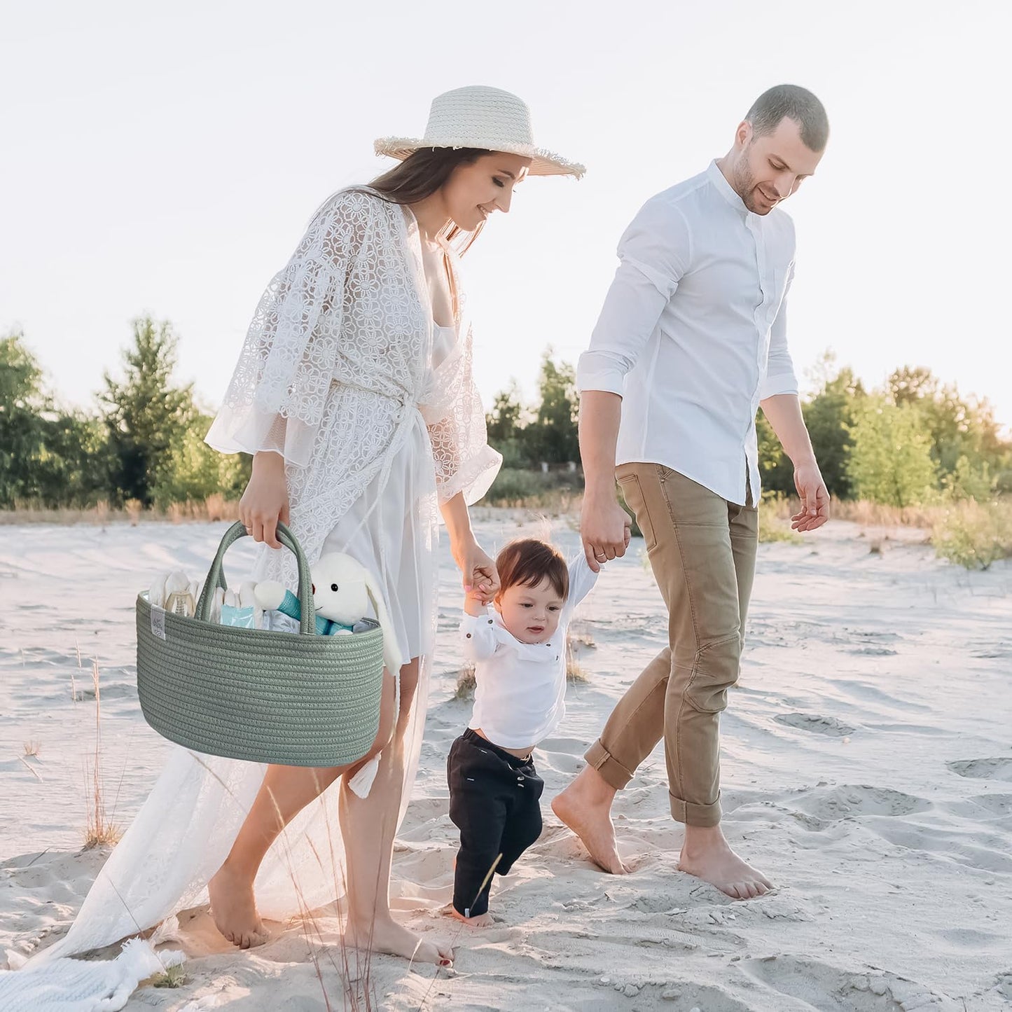 KiddyCare Diaper Caddy Organizer for Baby Nursery Basket with Handle Lid Nursing Caddy with Changing Table Organizer Cart Newborn Caddy Basil Large