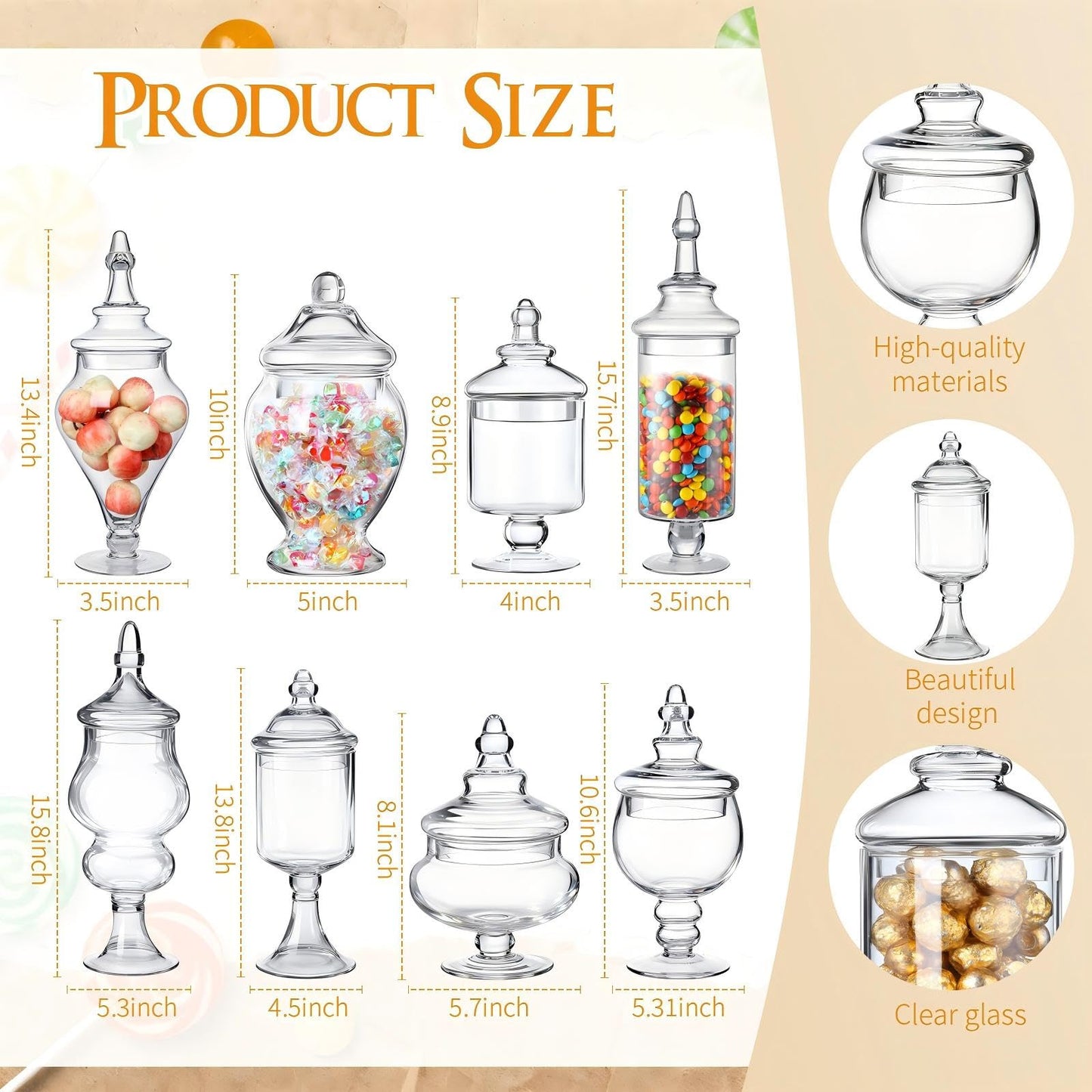 Mimorou 8 Set Glass Apothecary Jars with Lids and Plastic Scoops, Large Clear Candy Buffet Jars Decorative Storage Canisters Set Table Containers for Candy Bar Wedding Kitchen Bathroom(Various Glass)