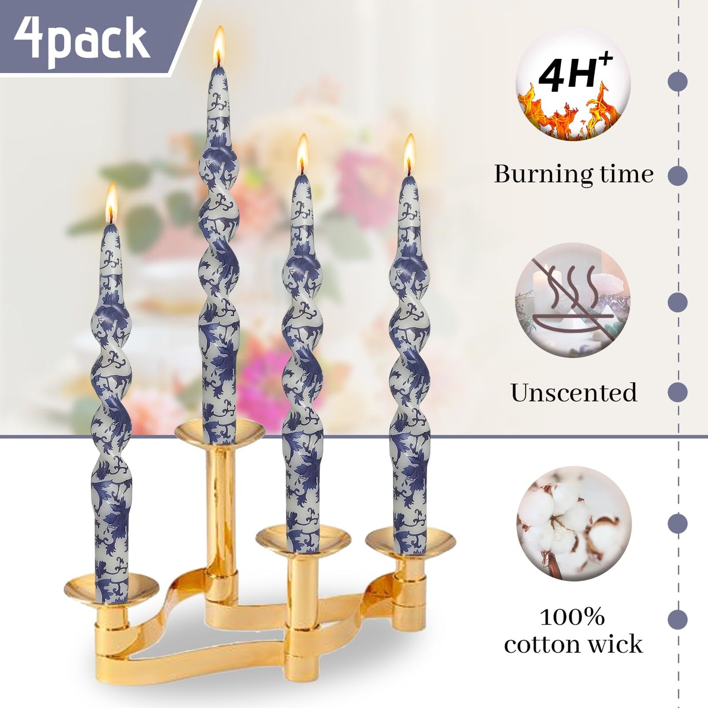 10 Inch Floral Print Taper Candle Blue and White Porcelain Spiral Candlesticks Handmade Twisted Tapered Candles for Holiday Wedding Holiday Party Decor- Set of 4