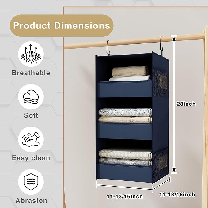 3-Shelf Hanging Closet Organizer and Storage, Foldable Hanging Closet Shelves