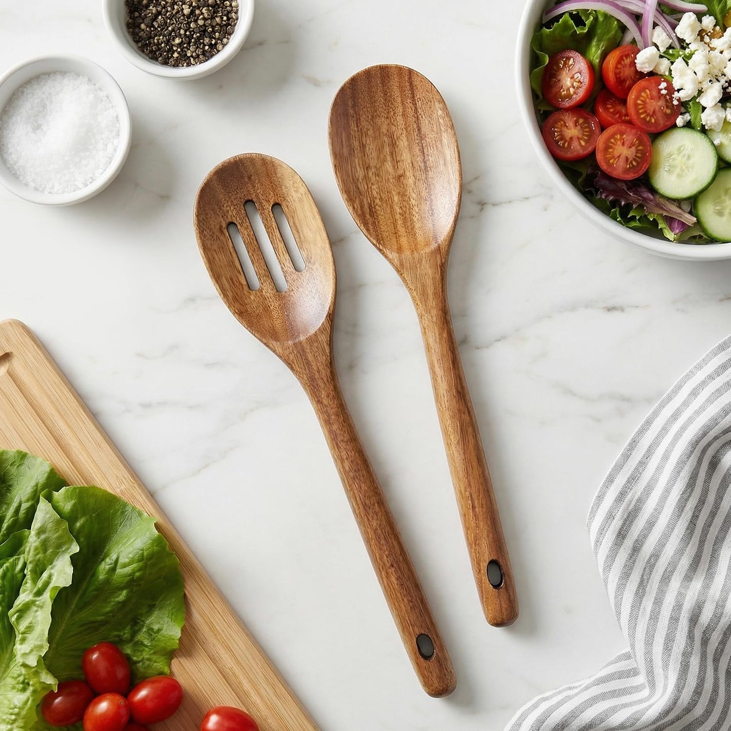 Large Wooden Spoons for Cooking Utensil Set Big Mixing Serving Slotted Spoons Acacia Wood Cooking Spoon Set Non Toxic Spatula for Kitchen Bamboo Kitchen Utensils Long Handle Stirring Spoon Spatulas