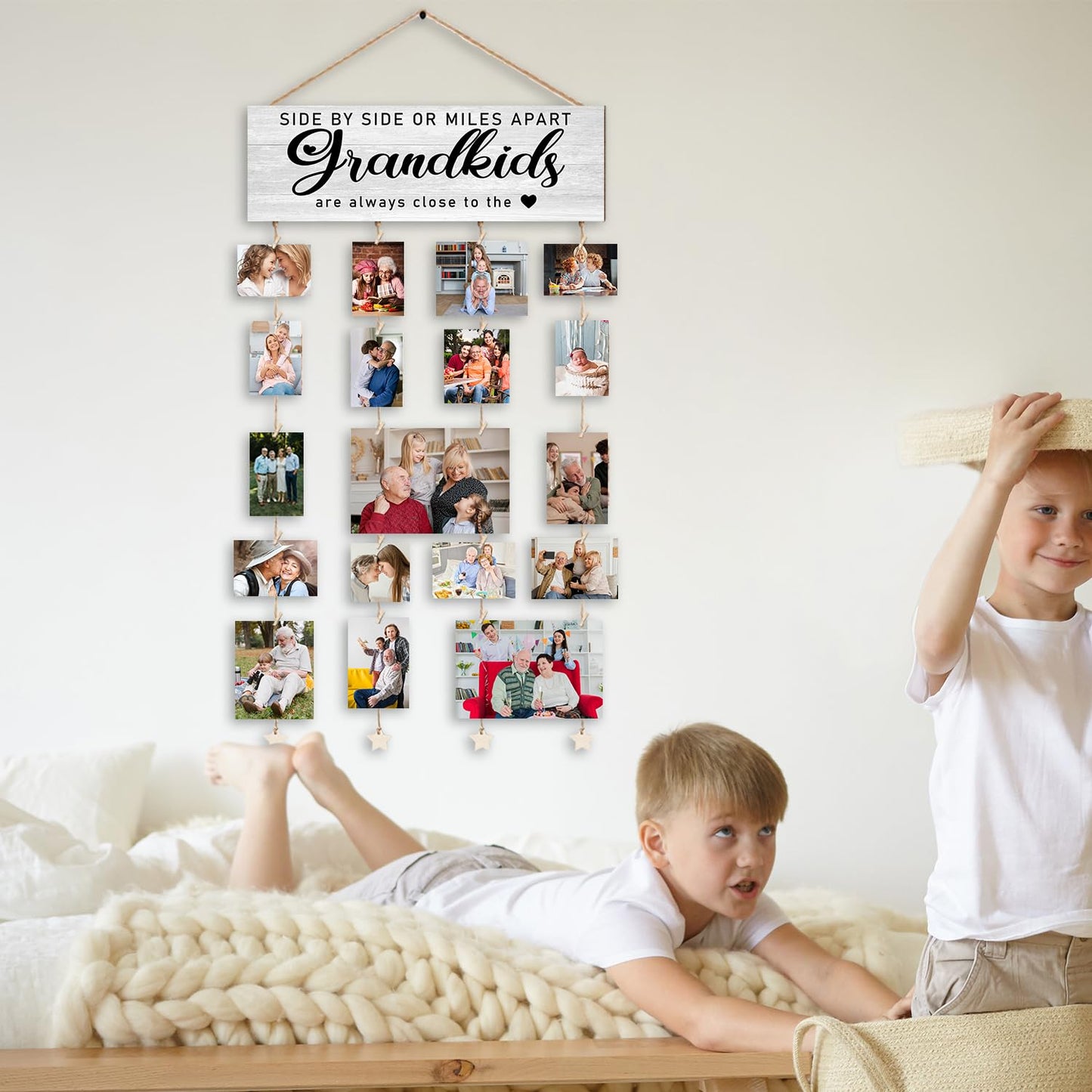 Orchroma Grandma Gifts,Grandkids Picture Frames Collage Wall Decor,Grandchildren Photo Board,Hanging Photo Display with Clips,Side by Side or Miles Apart Grandkids,Home Living Room Bedroom Decor