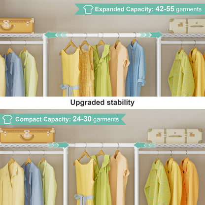 SEMHOR E06 Expandable Heavy Duty Clothes Rack for Reach-in Closet, Freestanding Clothing Racks with Shelves, Carbon Steel Closet Organizer System Adjustable from 70.8-93.9", Max Load 800LBS, White