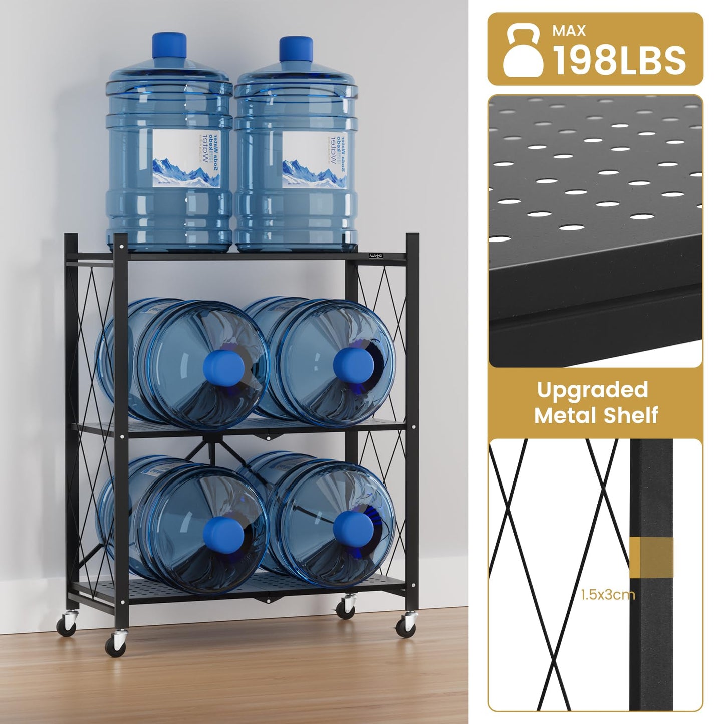 ALANNG 3 Tier Folding Storage Shelves with Wheels, 2 Pack (Black + White)