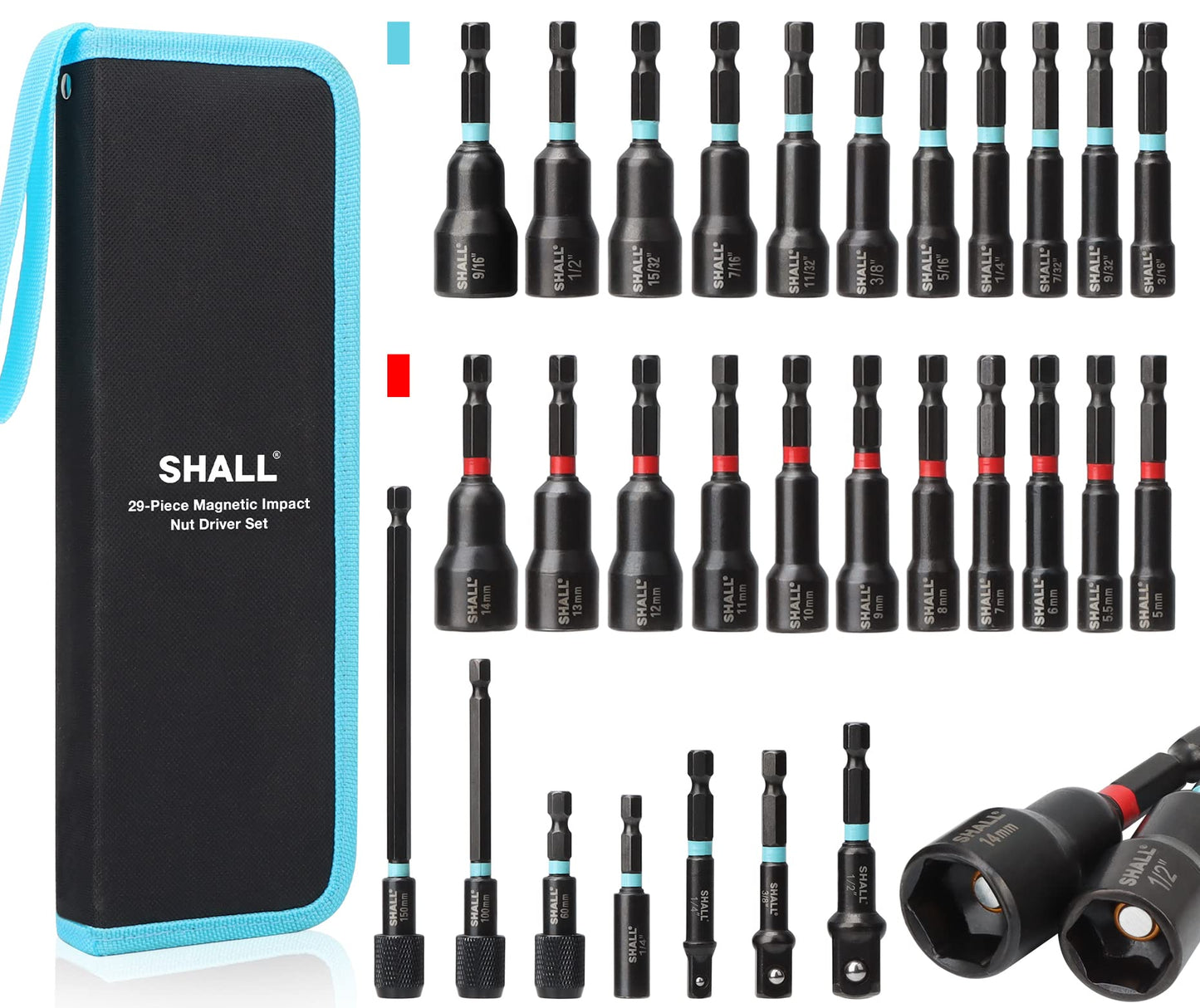 Shall 29PCS Magnetic Nut Driver Set, Impact Drill Bit 1/4'' Hex Shank, SAE & Metric Cr-V Steel Power Drivers with Quick-Release Extensions, Socket Adapters, Holder and Storage Bag
