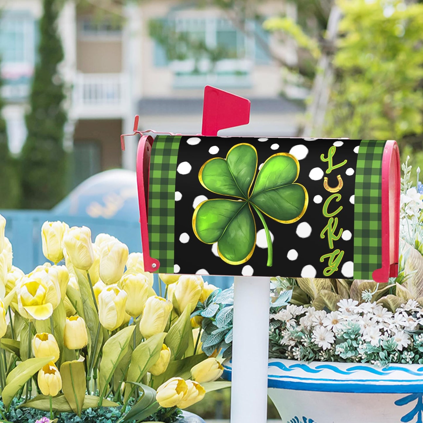 Happy St Patricks Day Mailbox Covers Magnetic Large Size 25X21 Inch St. Patrick's Day Shamrock Clover Welcome Mailbox Cover Lucky Green Buffalo Plaid Decor Post Letter Box Wrap for Irish Garden Yard