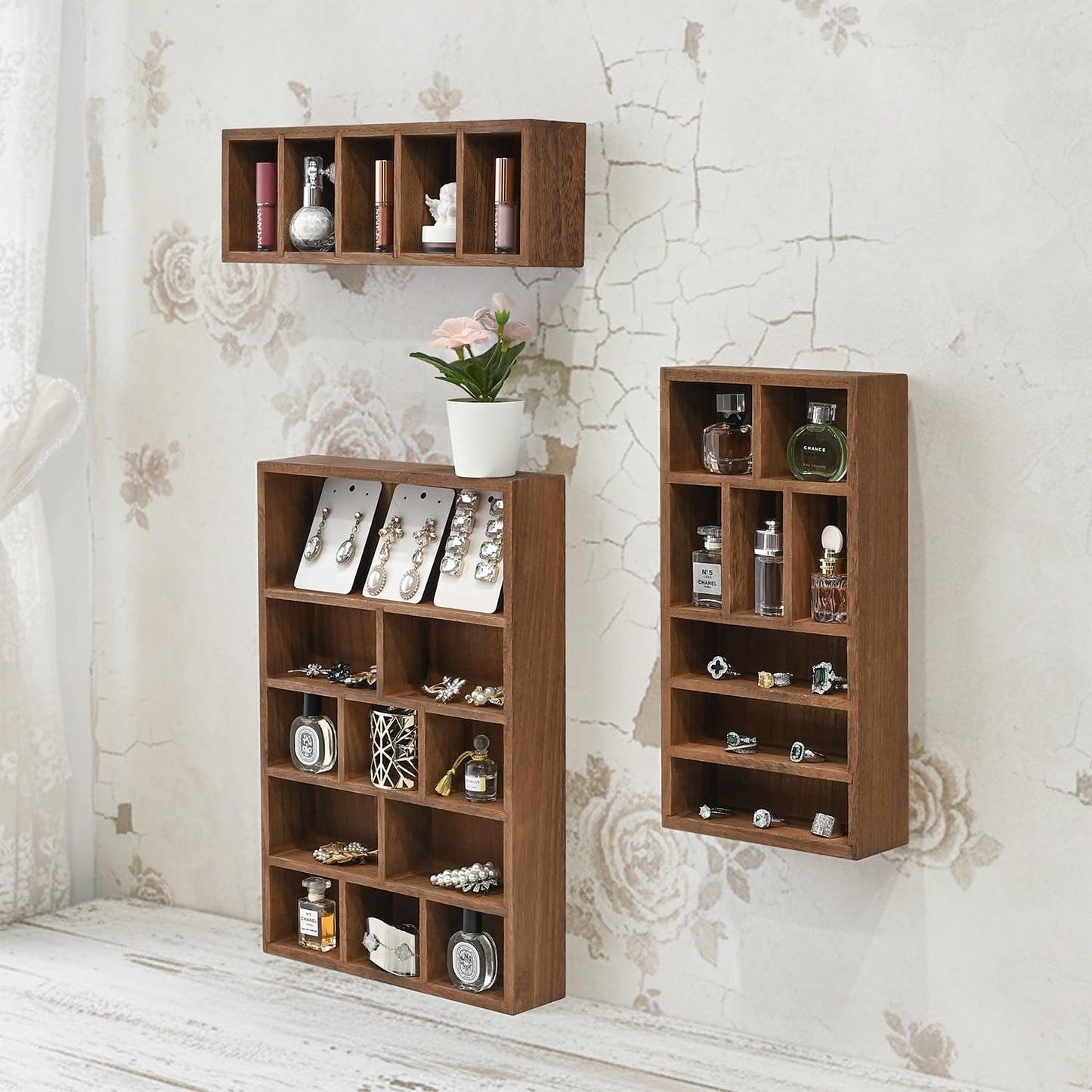 Ikee Design 3 Pcs Set Wall-Mounted Wooden Shadow Cubby Box Display Shelf with 24 Compartments Storage Display Case for Collectibles, Trinkets, Mini Figures, Brown Color, 19.9W x 2.3D x 14.8H in
