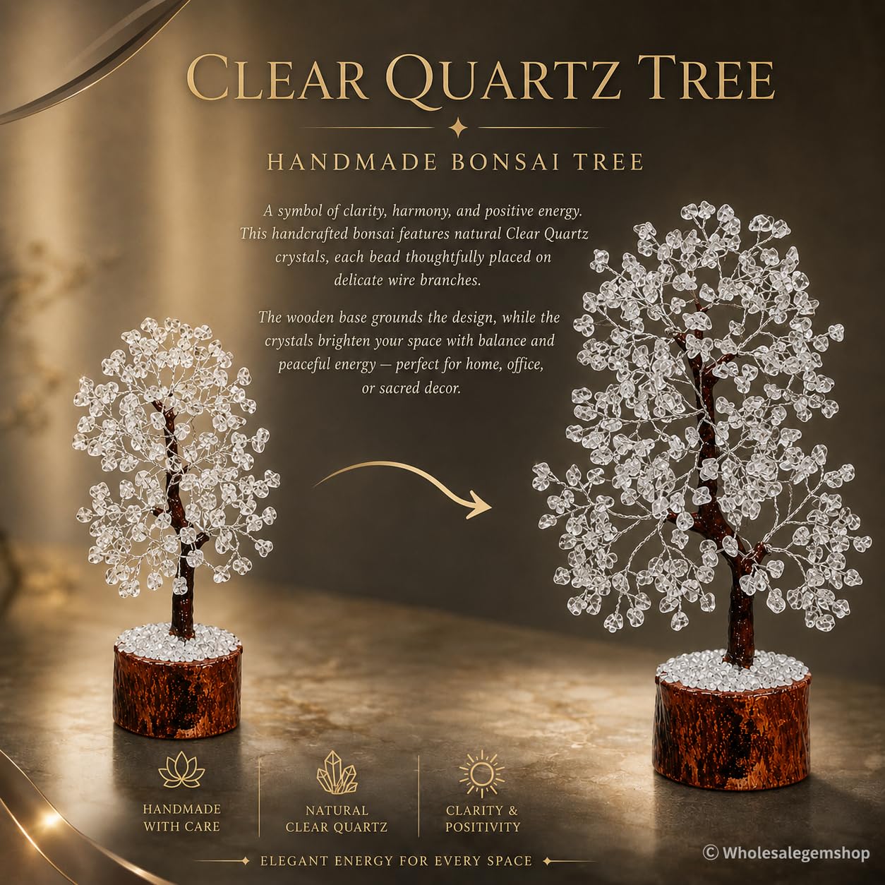 Gemscite Gemstone Clear Quartz Tree Size 10-12" Handmade Feng Shui Figurine Money Bonsai Good Luck Healing Crystals - Silver Wire Balancing Decoration Table Room Decor Gift