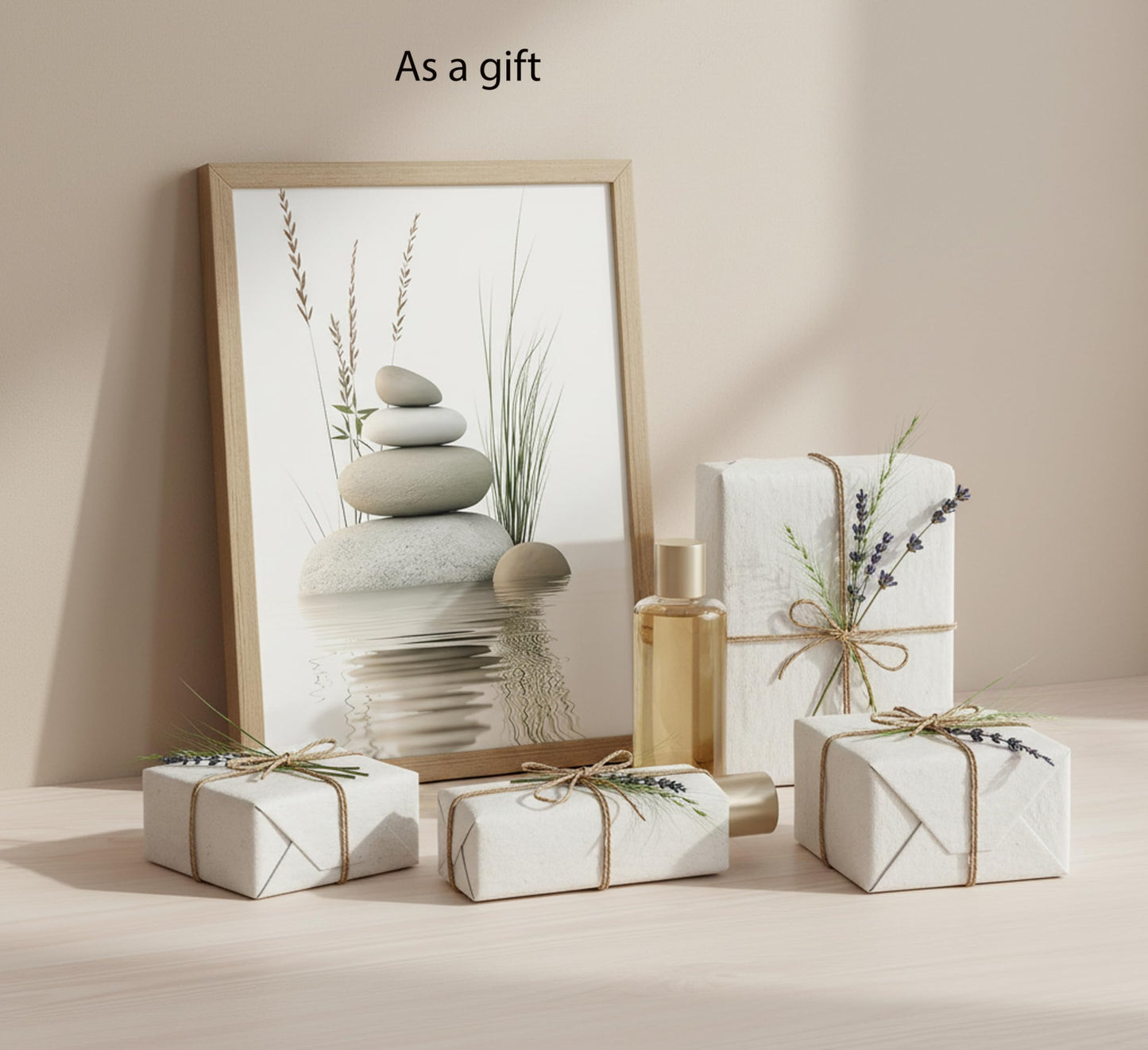 Wooden Frame Zen Stone Canvas Wall Art, Stacked Stones in Water Poster Print. Tranquil Wild Grass Picture for Spa Yoga Meditation Room Bathroom Wall Decor 12x16in Ready to Hang