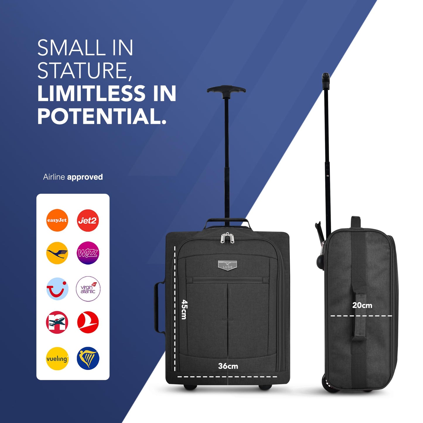LUGG Cabin Size Lightweight Luggage - Durable 600D Polyester Snowflake Push Up Trolley - Solid Wheels - Easyjet, Ryanair, British Airways - Airway Locker (45x36x20cm)