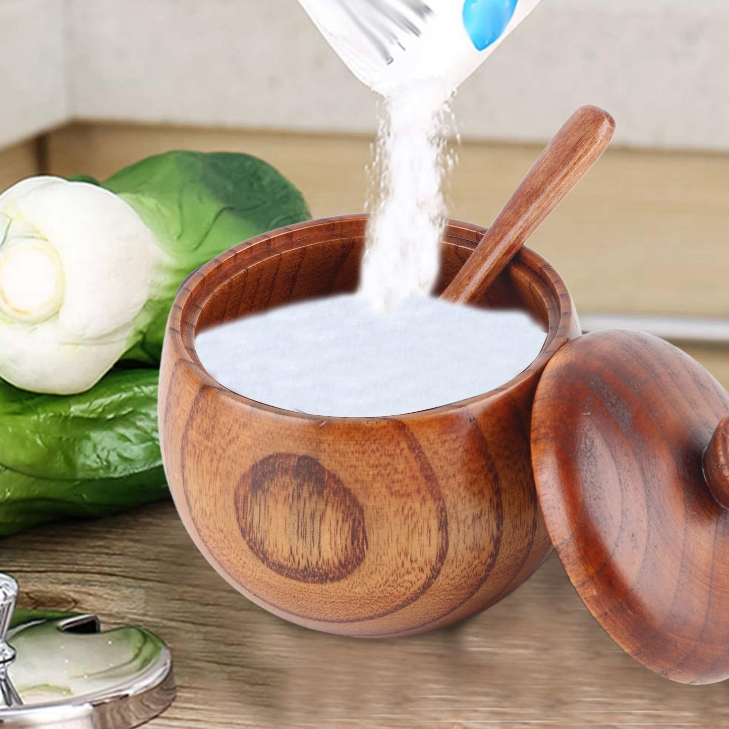 Gsycle Wooden Salt Box with Lid & Spoon, Seasoning Pot Sugar Bowl Wood Salt & Spice Jar Box Salt Keeper, Pepper, Tea Container for Kitchen Countertop Restaurant