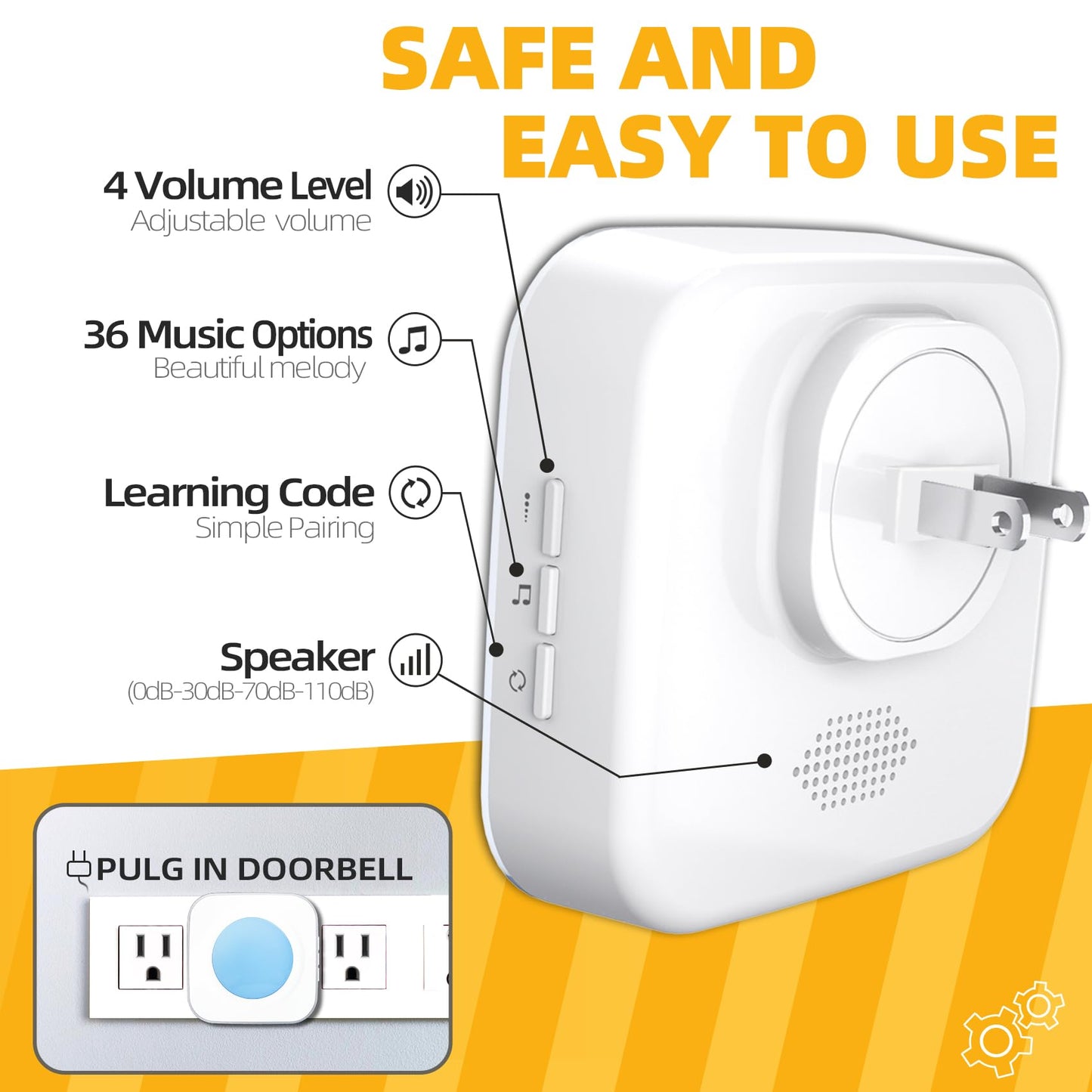 Wireless Doorbell 1200 Feet Waterproof Doorbells for Home with 36 Melodies 4 Volume levels, Flash Led Light (1 Receiver&1 Touch Button White)