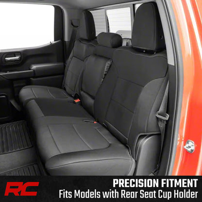 Rough Country Neoprene Seat Covers for Chevy Silverado/GMC Sierra 1500 (2019–2026) w/Rear Cup Holder - Waterproof, UV-Resistant, Foam Padded, Front & Rear Row Cover Set