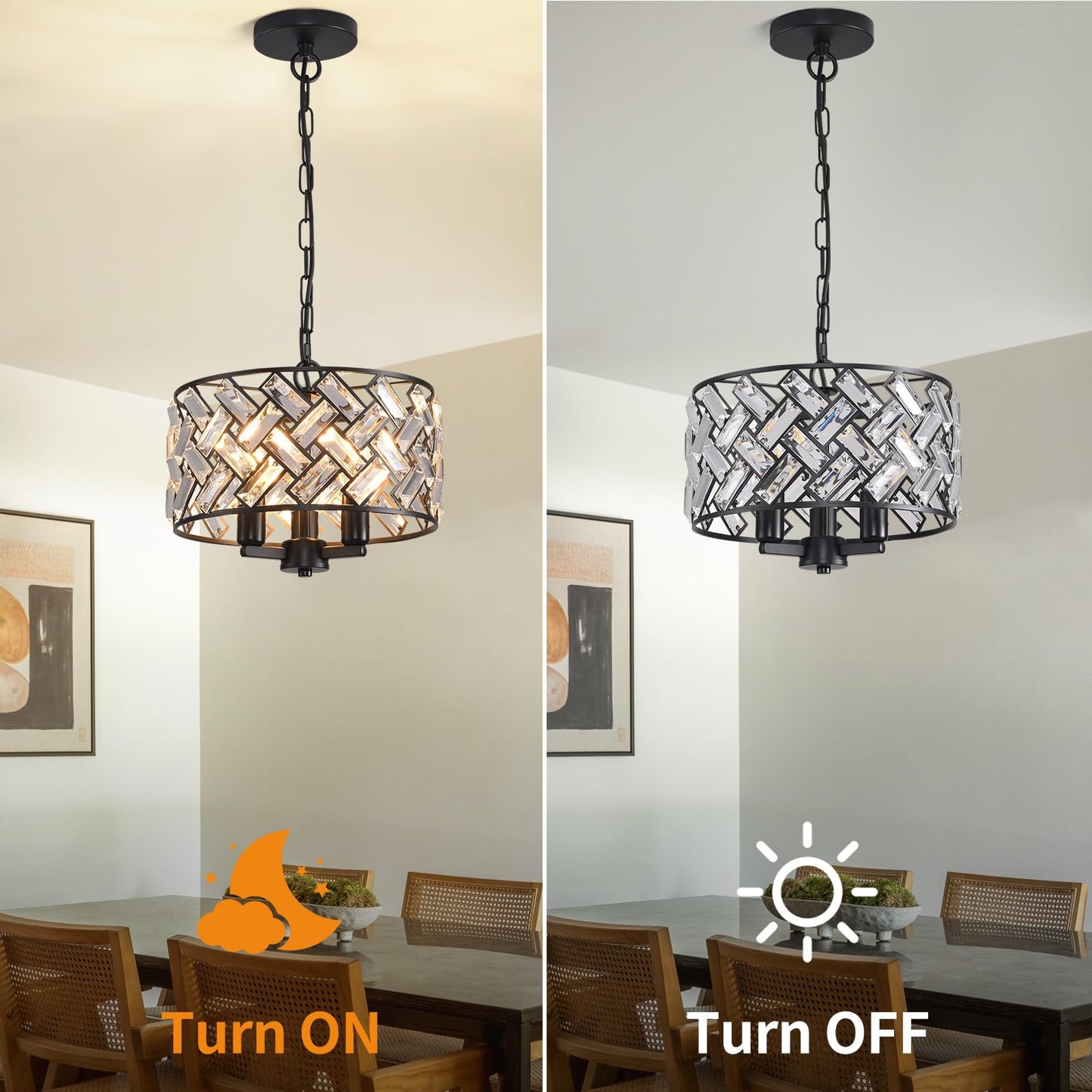 lobolighting Black Crystal Chandelier, 11'' Modern Chandelier, 3-LightSemi Flush Mount Ceiling Light Fixture for Dining Room Foyer Hallway